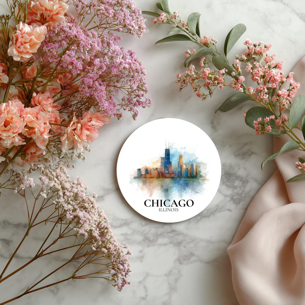Chicago Illinois Coaster, Watercolor Personalized Painting, Travel Gift Souvenir, Home Decor, Ceramic Set