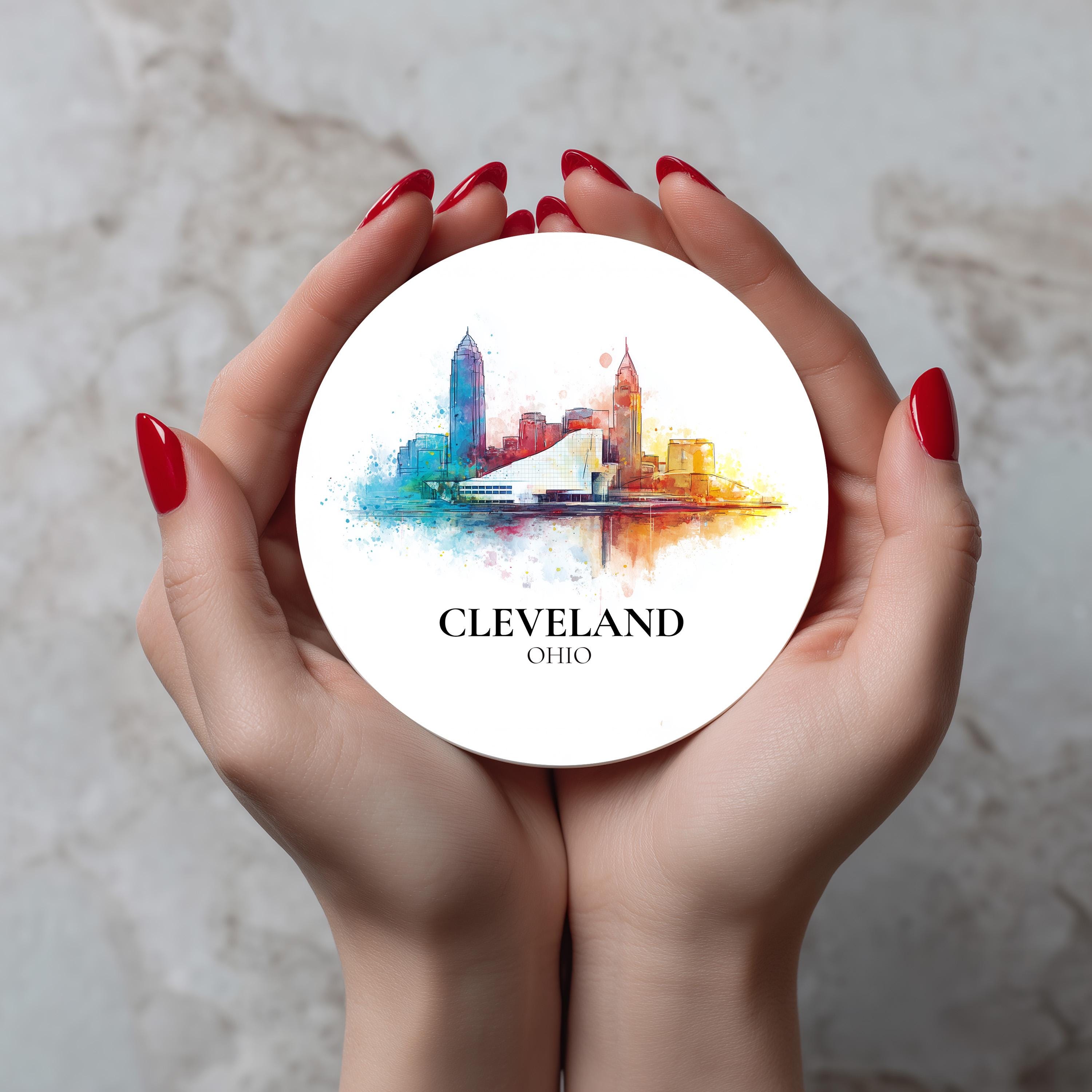 Cleveland Ohio Coaster, Watercolor Personalized Painting, Travel Gift Souvenir, Home Decor, Ceramic Set