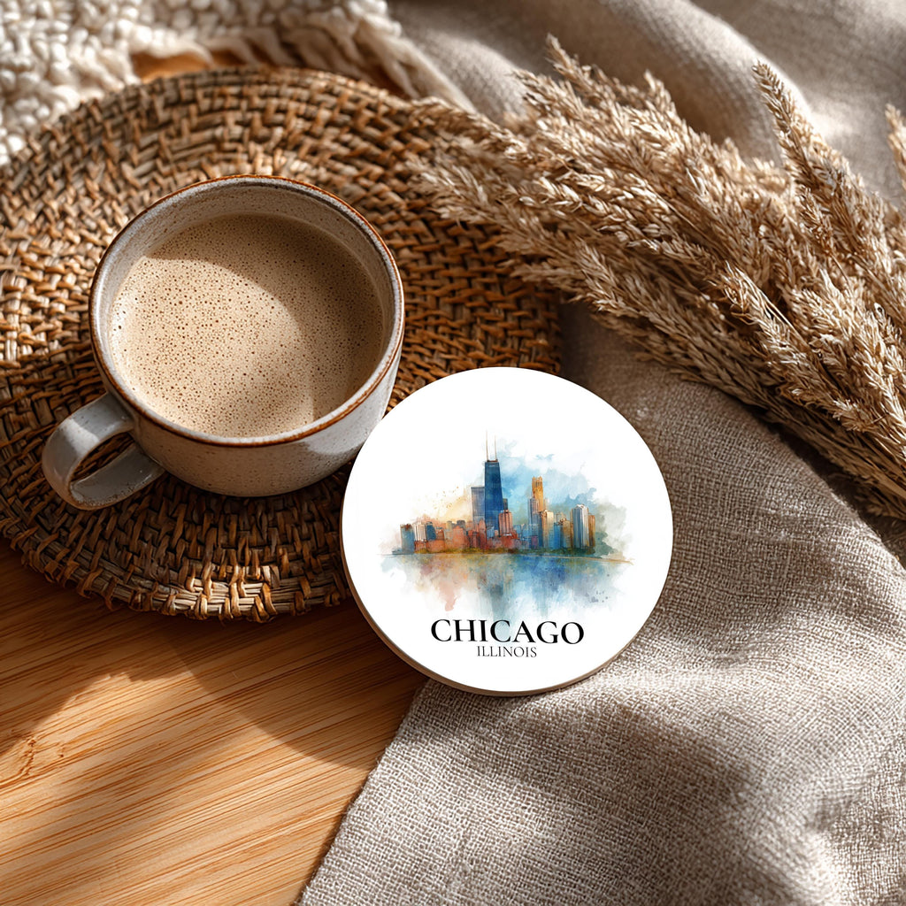 Chicago Illinois Coaster, Watercolor Personalized Painting, Travel Gift Souvenir, Home Decor, Ceramic Set