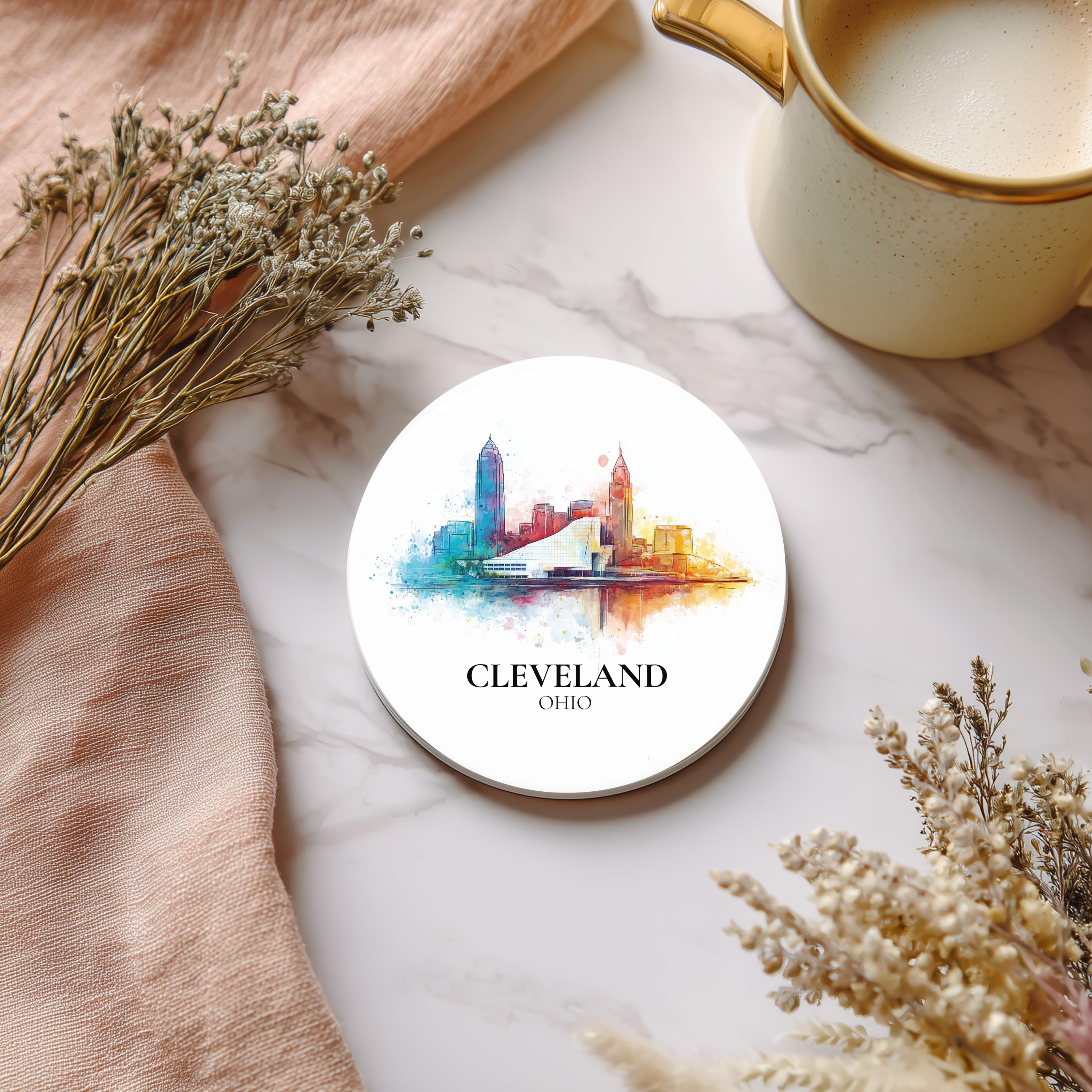 Cleveland Ohio Coaster, Watercolor Personalized Painting, Travel Gift Souvenir, Home Decor, Ceramic Set