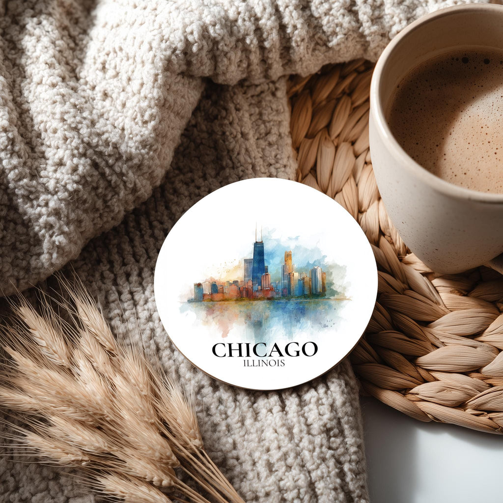 Chicago Illinois Coaster, Watercolor Personalized Painting, Travel Gift Souvenir, Home Decor, Ceramic Set