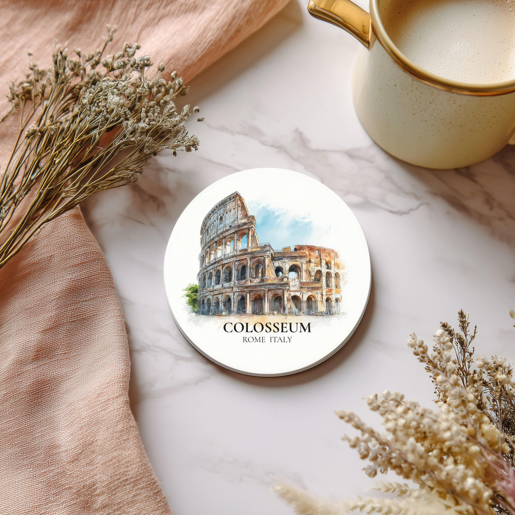 Colosseum Italy2 Coaster, Watercolor Personalized Painting, Travel Gift Souvenir, Home Decor, Ceramic Set