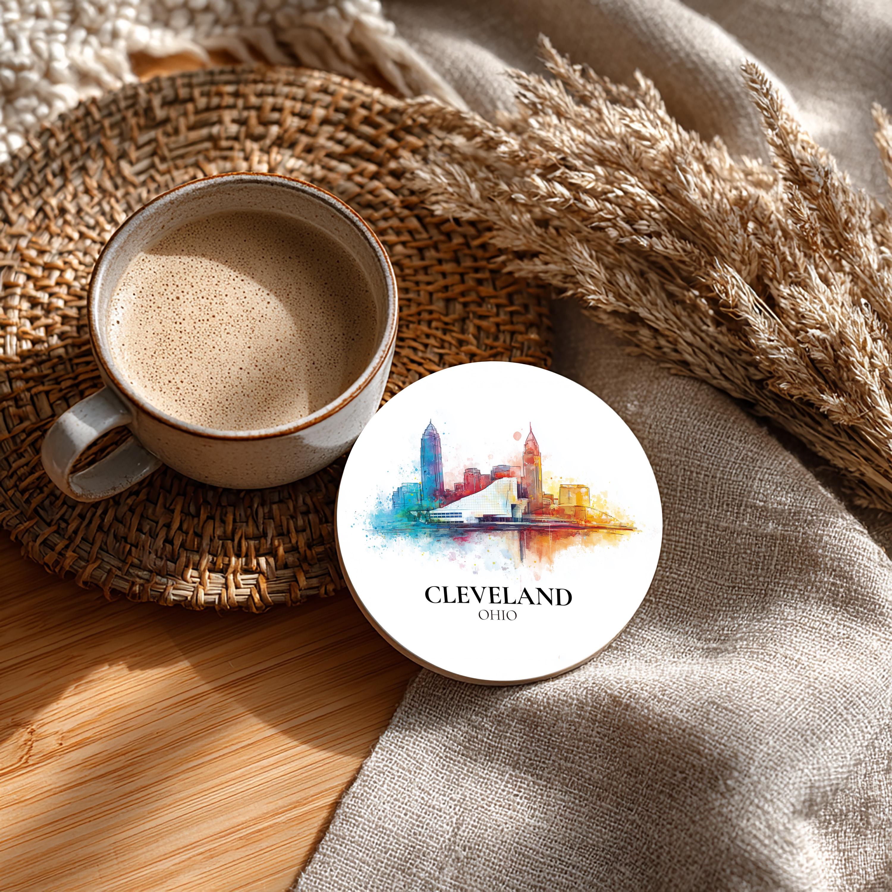Cleveland Ohio Coaster, Watercolor Personalized Painting, Travel Gift Souvenir, Home Decor, Ceramic Set