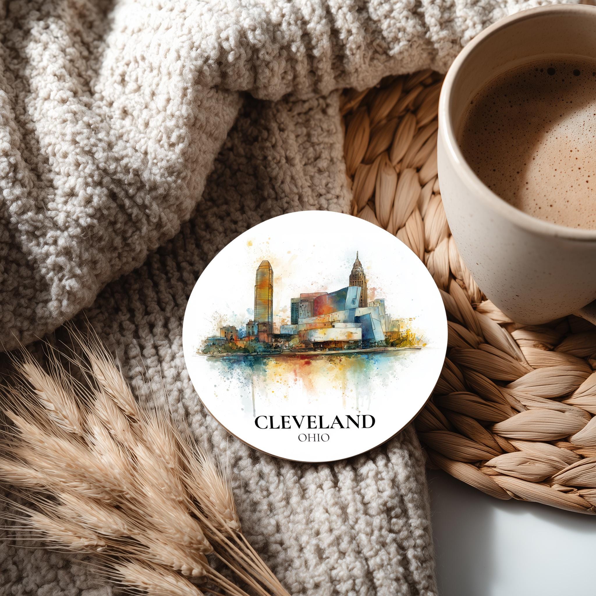 Cleveland Ohio2 Coaster, Watercolor Personalized Painting, Travel Gift Souvenir, Home Decor, Ceramic Set
