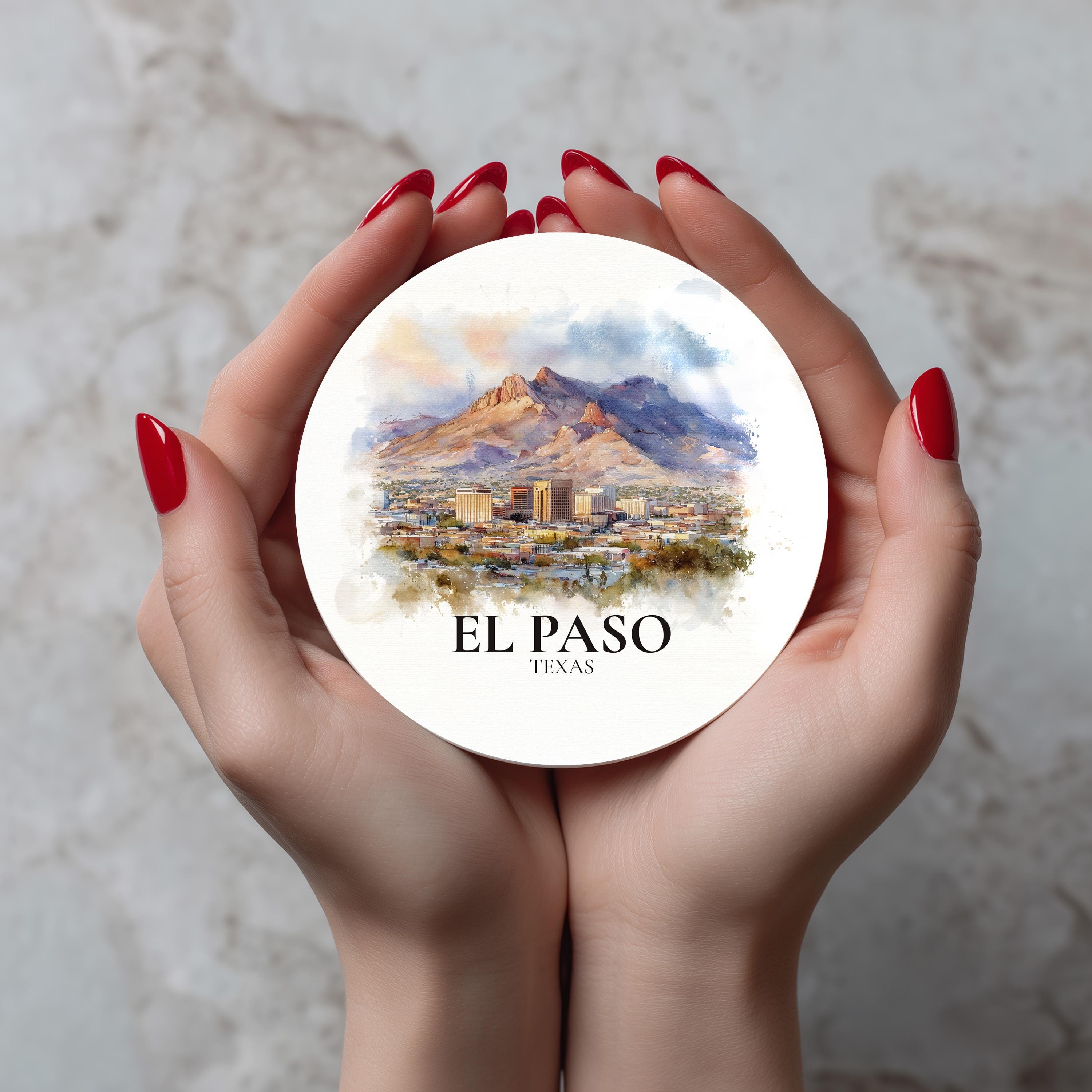 El Paso Texas Coaster, Watercolor Personalized Painting, Travel Gift Souvenir, Home Decor, Ceramic Set