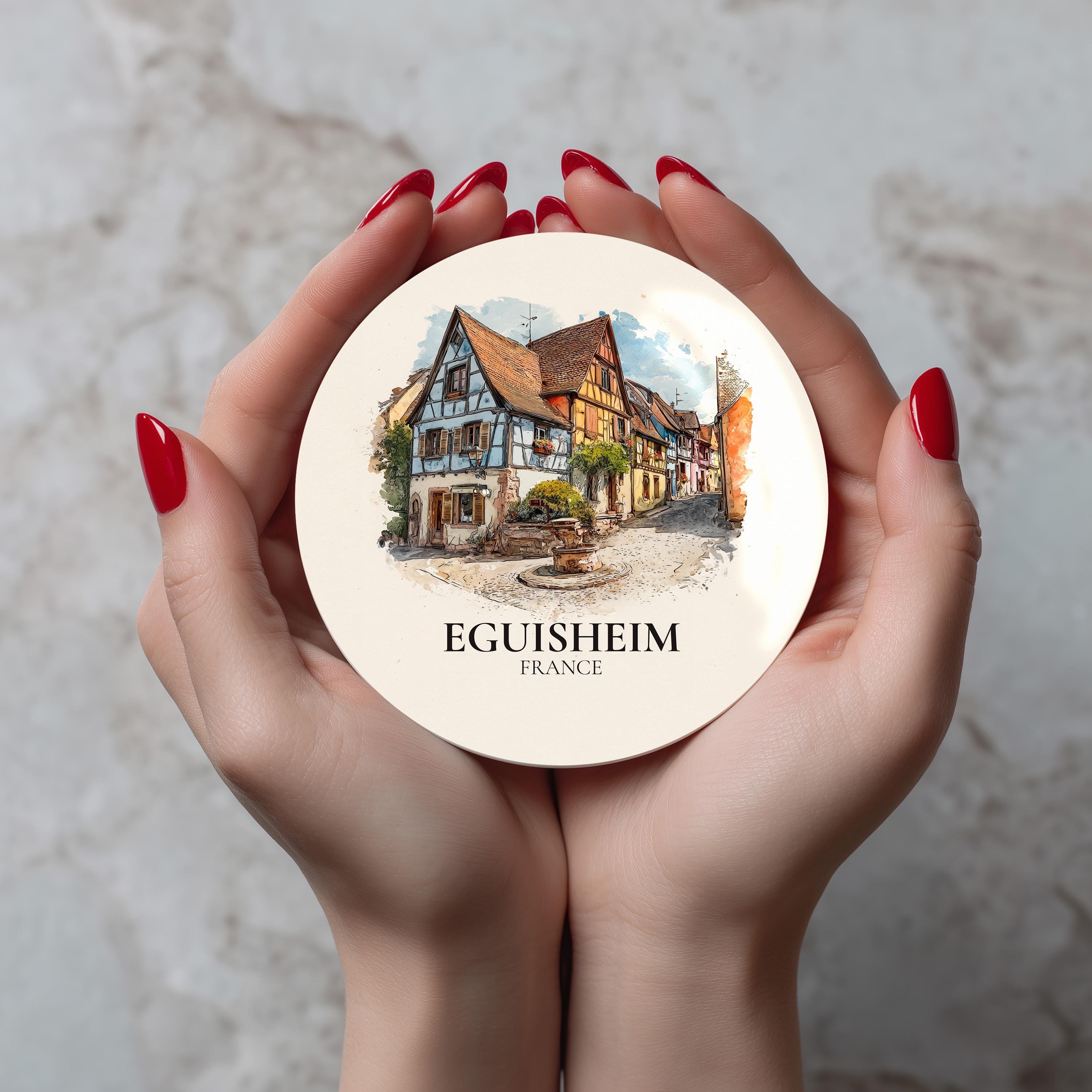 Eguisheim France Coaster, Watercolor Personalized Painting, Travel Gift Souvenir, Home Decor, Ceramic Set