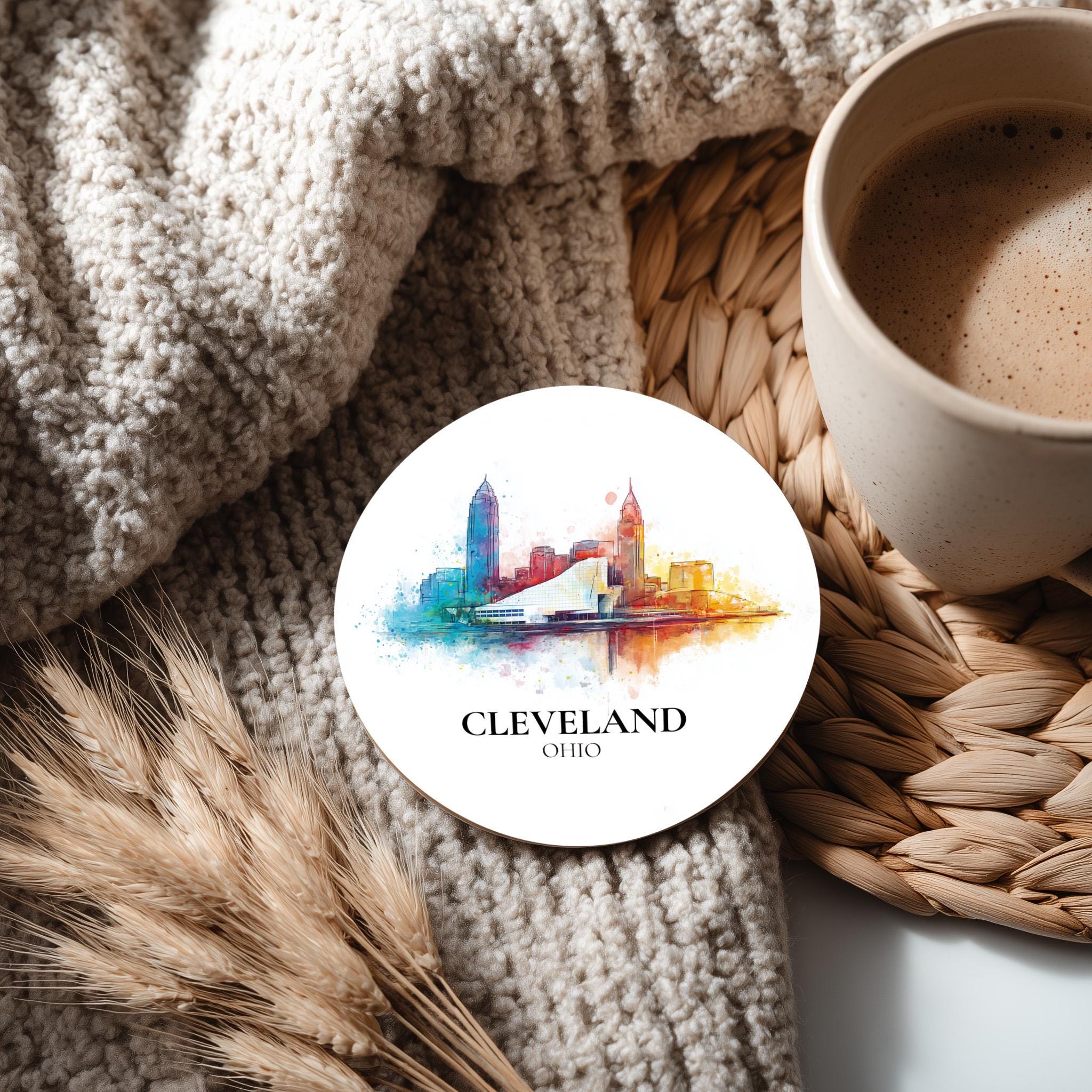 Cleveland Ohio Coaster, Watercolor Personalized Painting, Travel Gift Souvenir, Home Decor, Ceramic Set