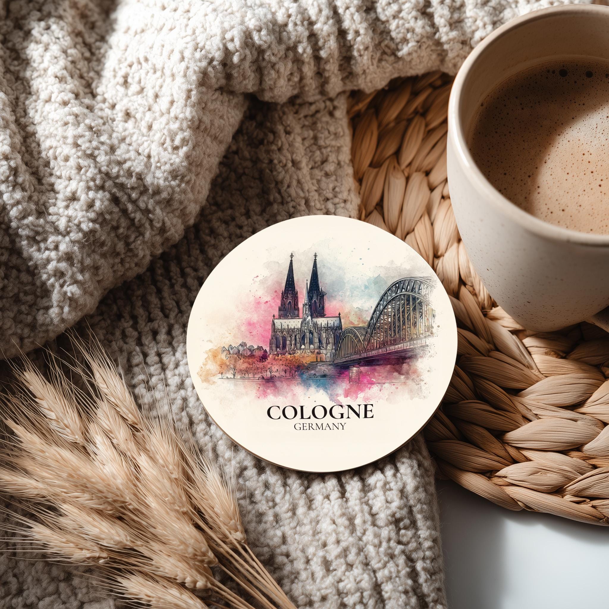 Cologne Germany Coaster, Watercolor Personalized Painting, Travel Gift Souvenir, Home Decor, Ceramic Set