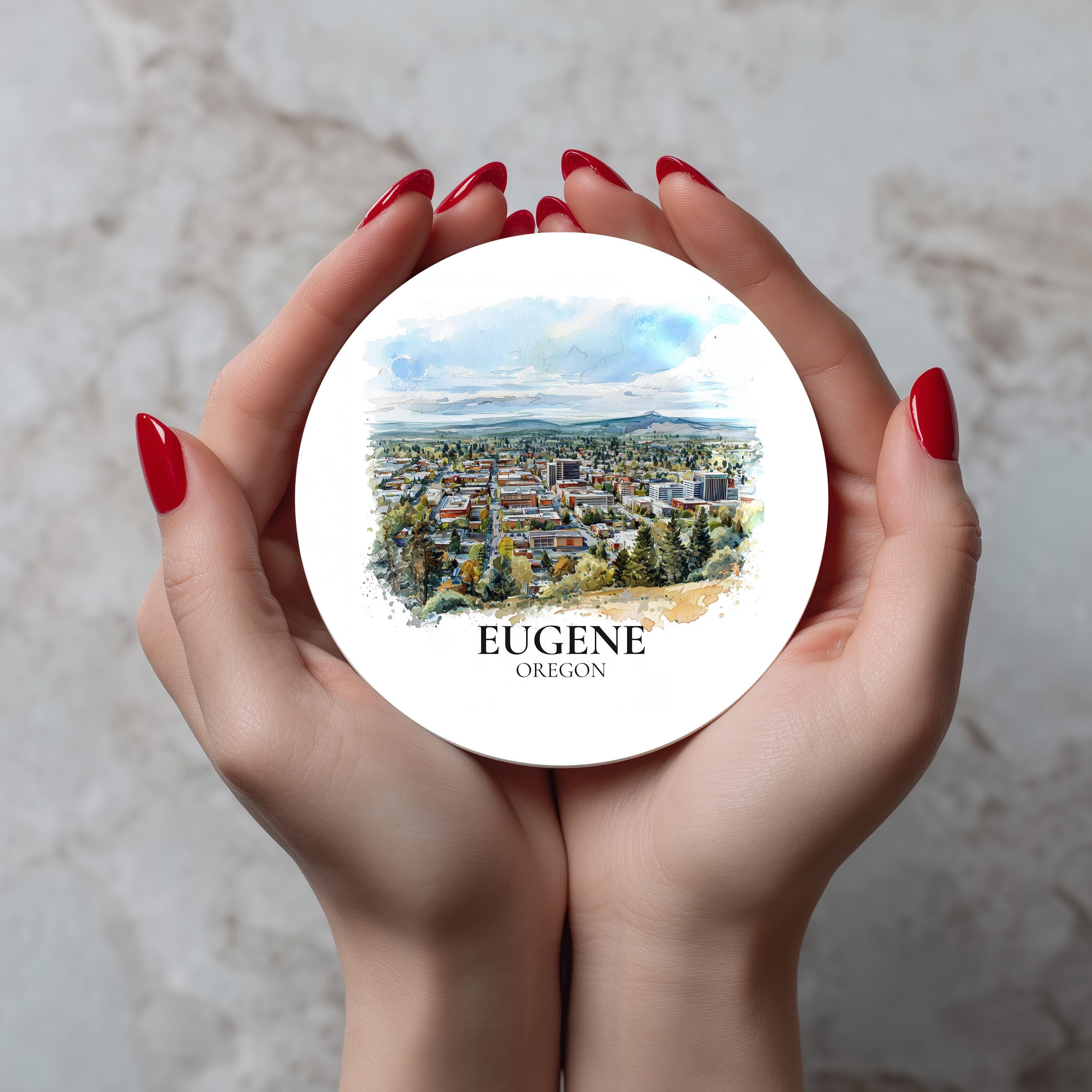 Eugene Oregon Coaster, Watercolor Personalized Painting, Travel Gift Souvenir, Home Decor, Ceramic Set