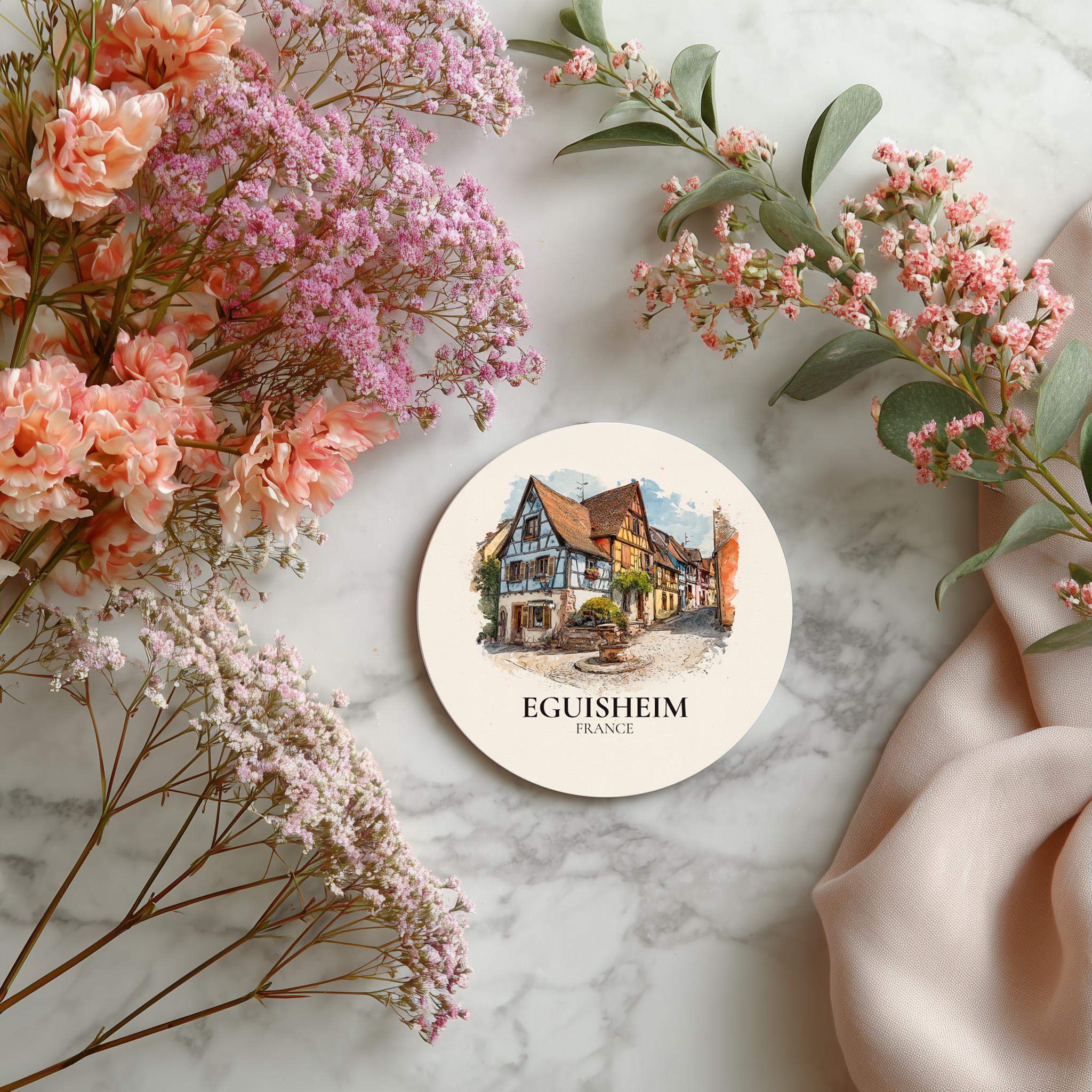 Eguisheim France Coaster, Watercolor Personalized Painting, Travel Gift Souvenir, Home Decor, Ceramic Set
