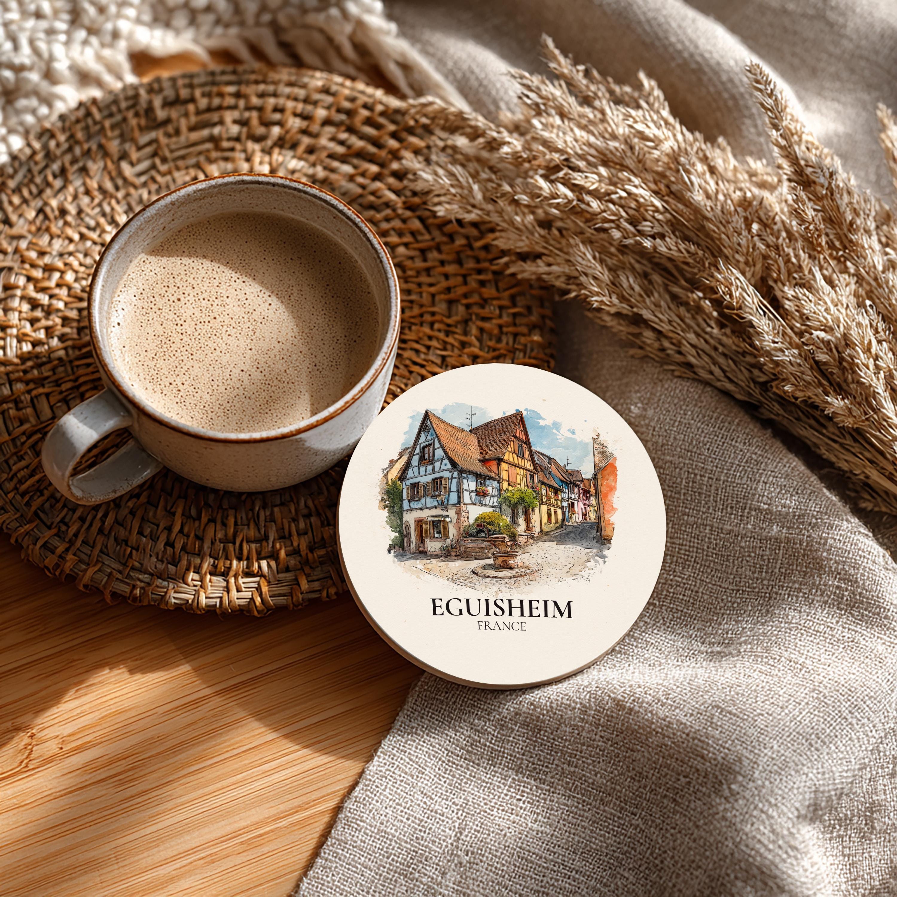 Eguisheim France Coaster, Watercolor Personalized Painting, Travel Gift Souvenir, Home Decor, Ceramic Set