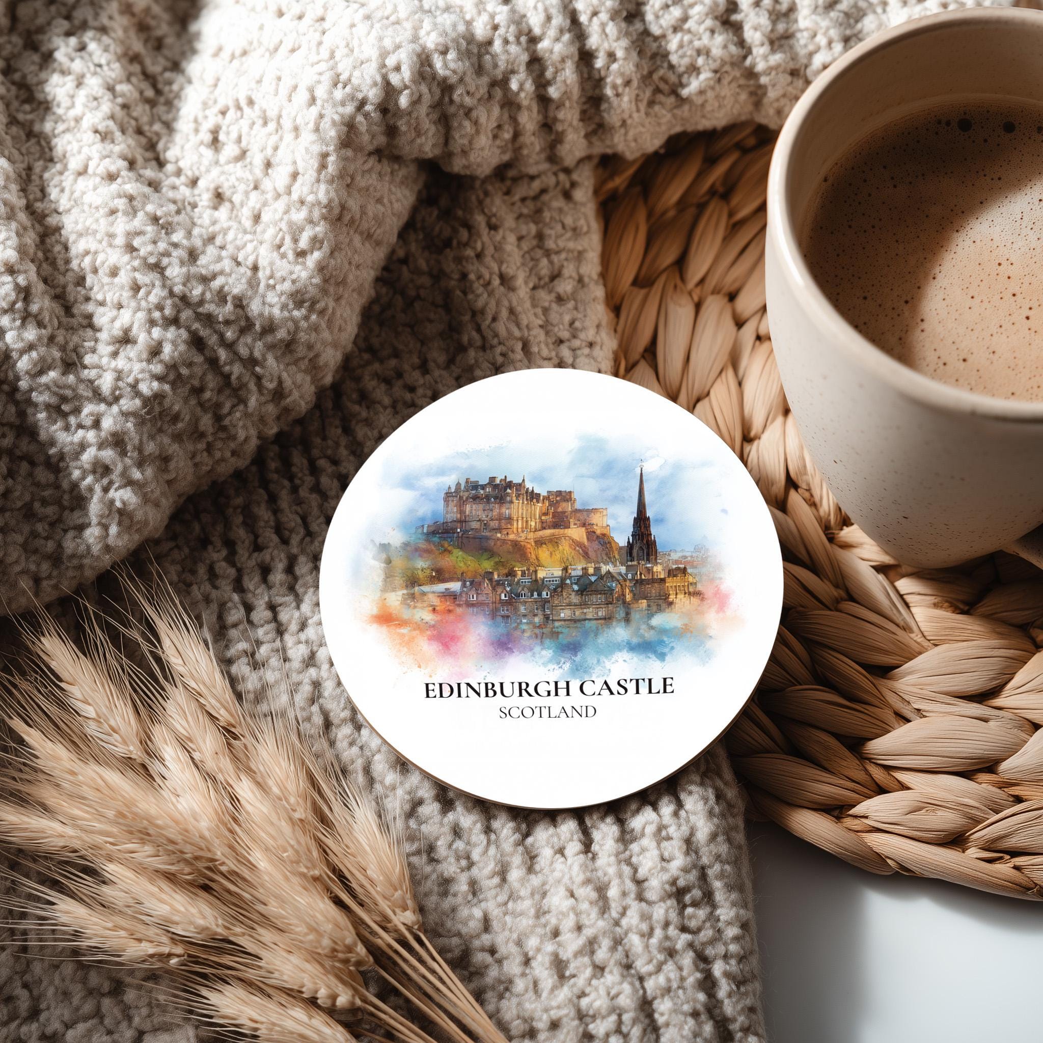 Edinburgh Scotland2 Coaster, Watercolor Personalized Painting, Travel Gift Souvenir, Home Decor, Ceramic Set