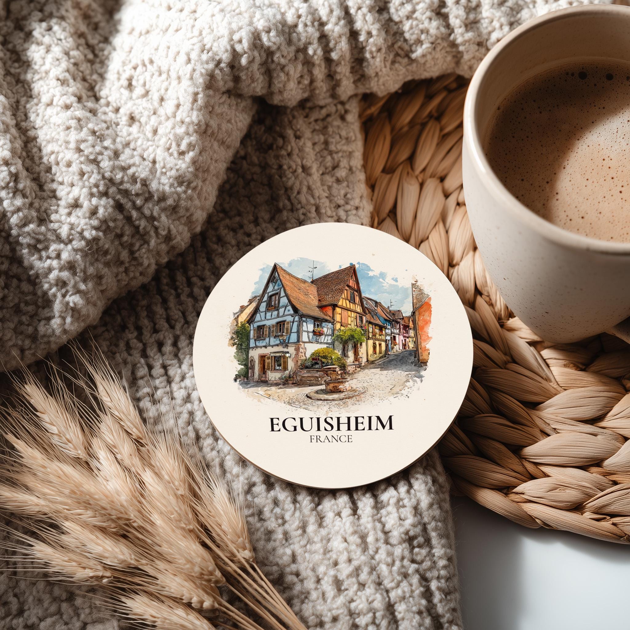 Eguisheim France Coaster, Watercolor Personalized Painting, Travel Gift Souvenir, Home Decor, Ceramic Set