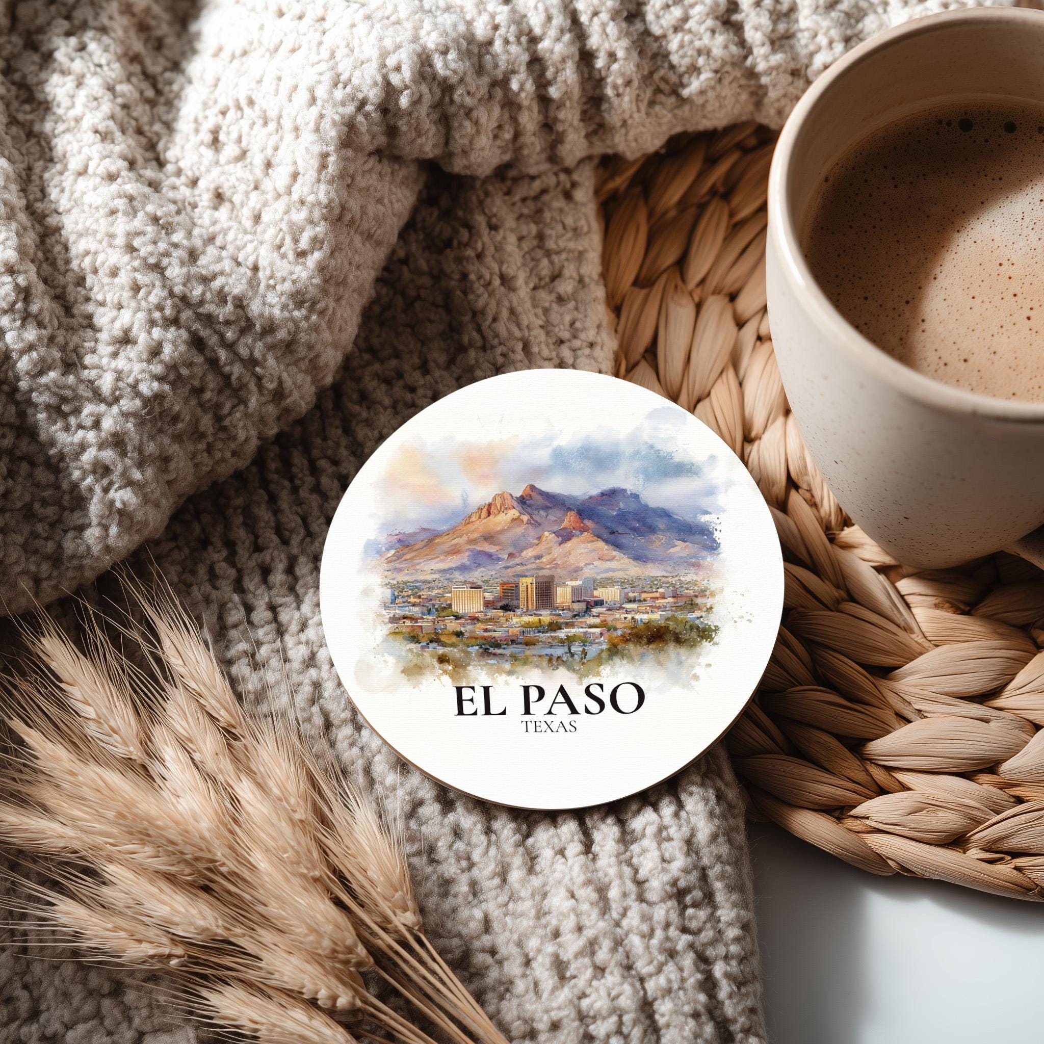 El Paso Texas Coaster, Watercolor Personalized Painting, Travel Gift Souvenir, Home Decor, Ceramic Set
