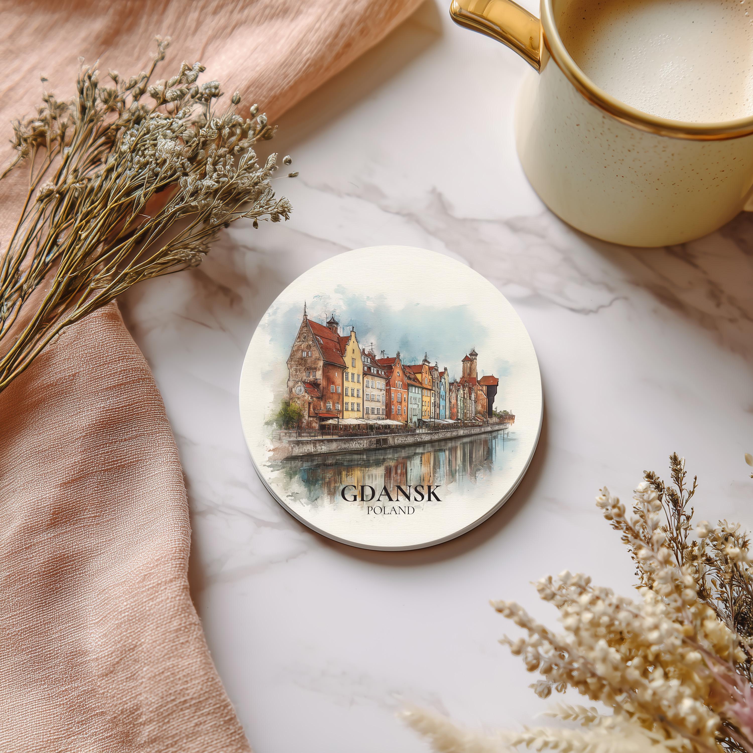 Gdansk Poland Coaster, Watercolor Personalized Painting, Travel Gift Souvenir, Home Decor, Ceramic Set