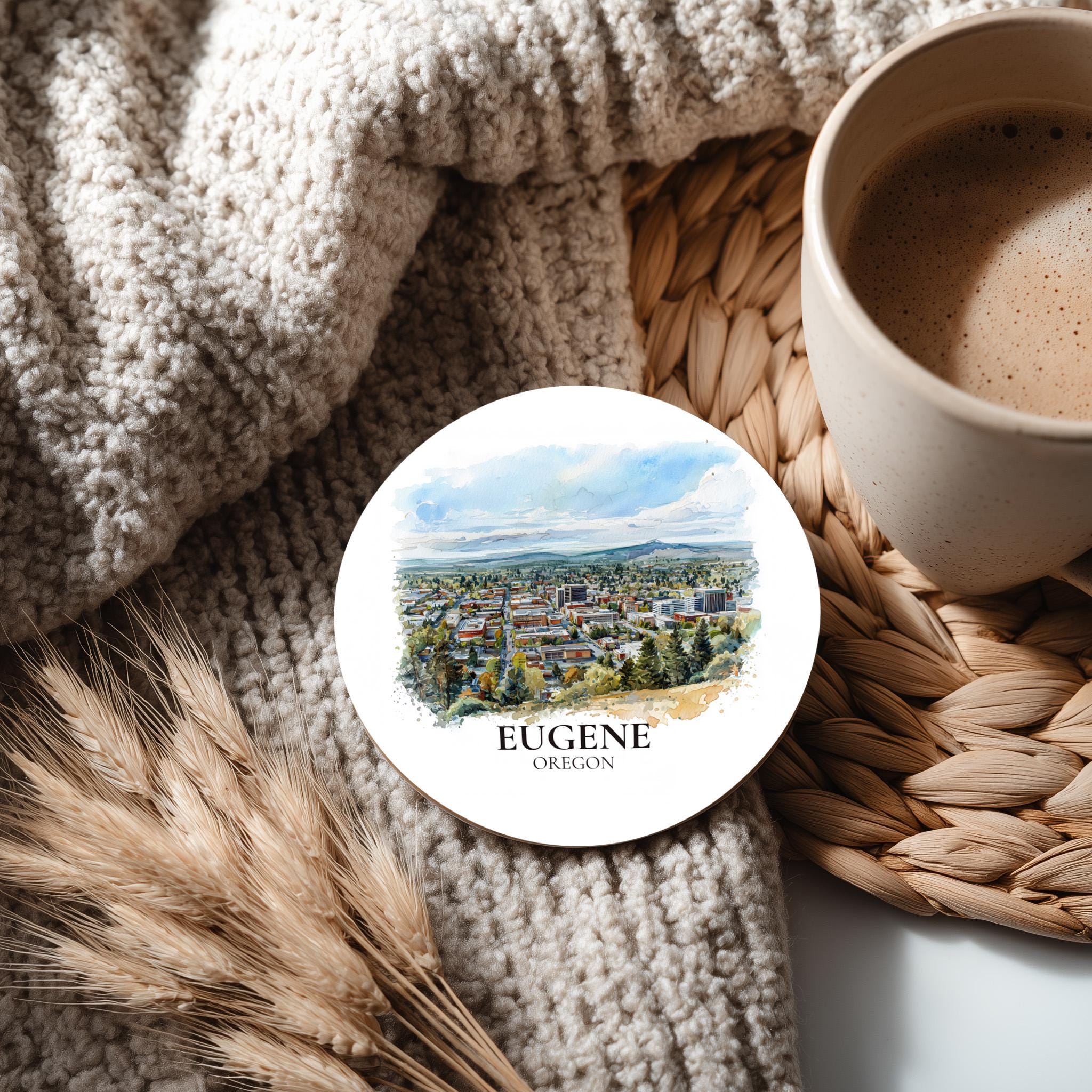 Eugene Oregon Coaster, Watercolor Personalized Painting, Travel Gift Souvenir, Home Decor, Ceramic Set