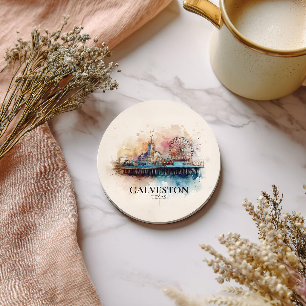 Galveston Texas Coaster, Watercolor Personalized Painting, Travel Gift Souvenir, Home Decor, Ceramic Set