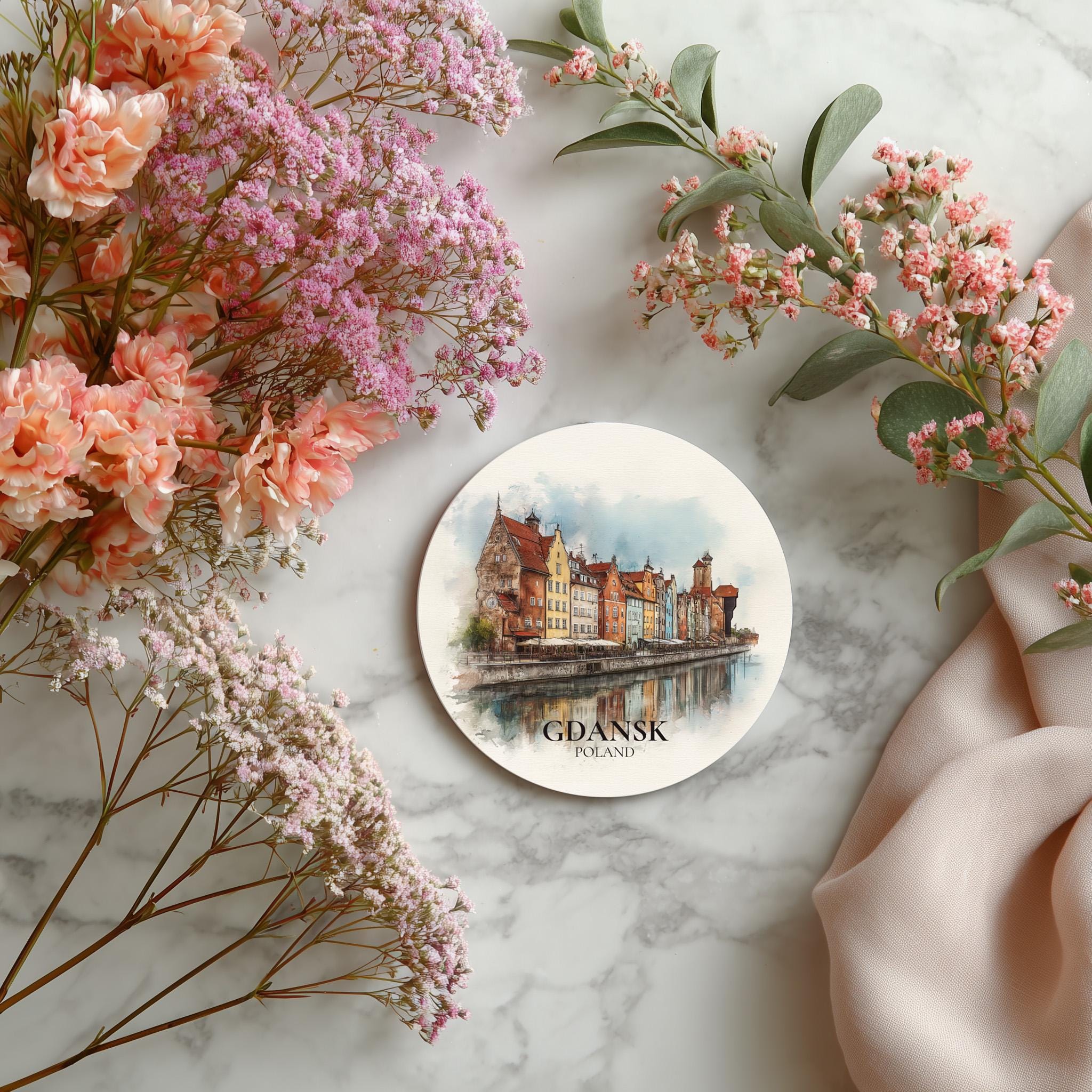 Gdansk Poland Coaster, Watercolor Personalized Painting, Travel Gift Souvenir, Home Decor, Ceramic Set