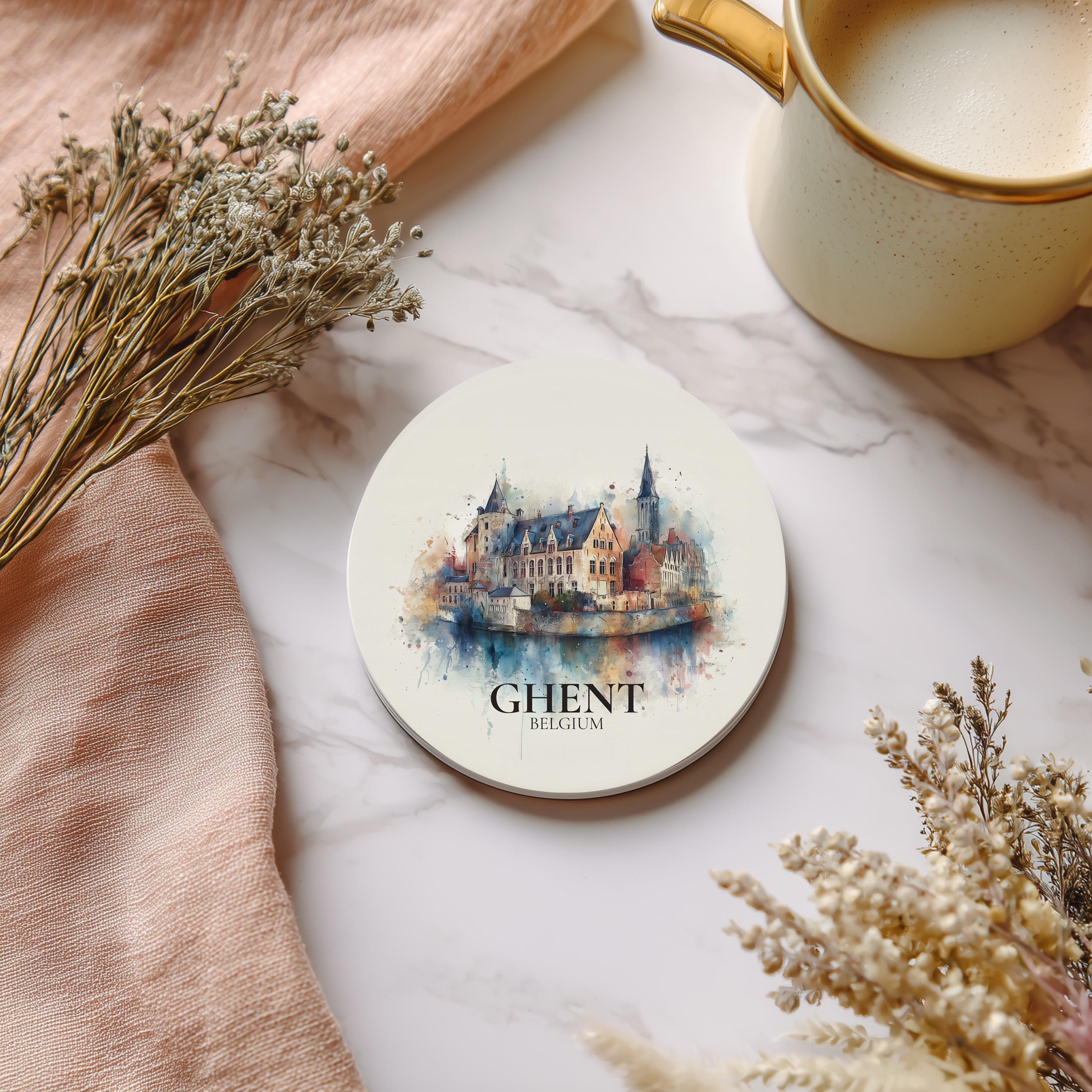 Ghent Belgium Coaster, Watercolor Personalized Painting, Travel Gift Souvenir, Home Decor, Ceramic Set