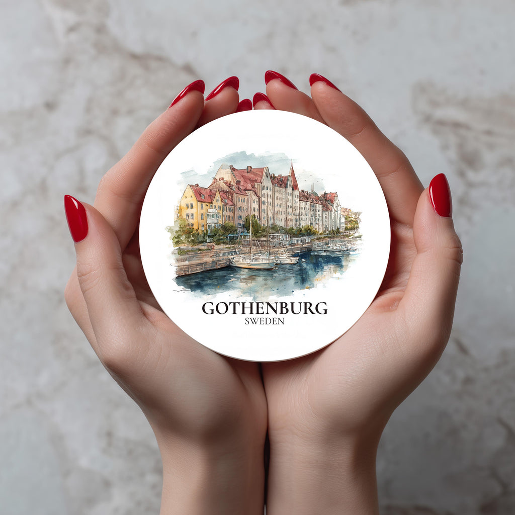 Gothenburg Sweden Coaster, Watercolor Personalized Painting, Travel Gift Souvenir, Home Decor, Ceramic Set