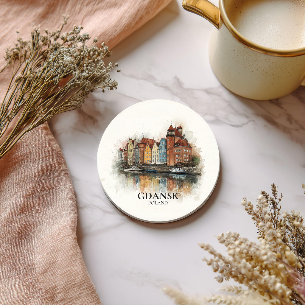 Gdansk Poland2 Coaster, Watercolor Personalized Painting, Travel Gift Souvenir, Home Decor, Ceramic Set
