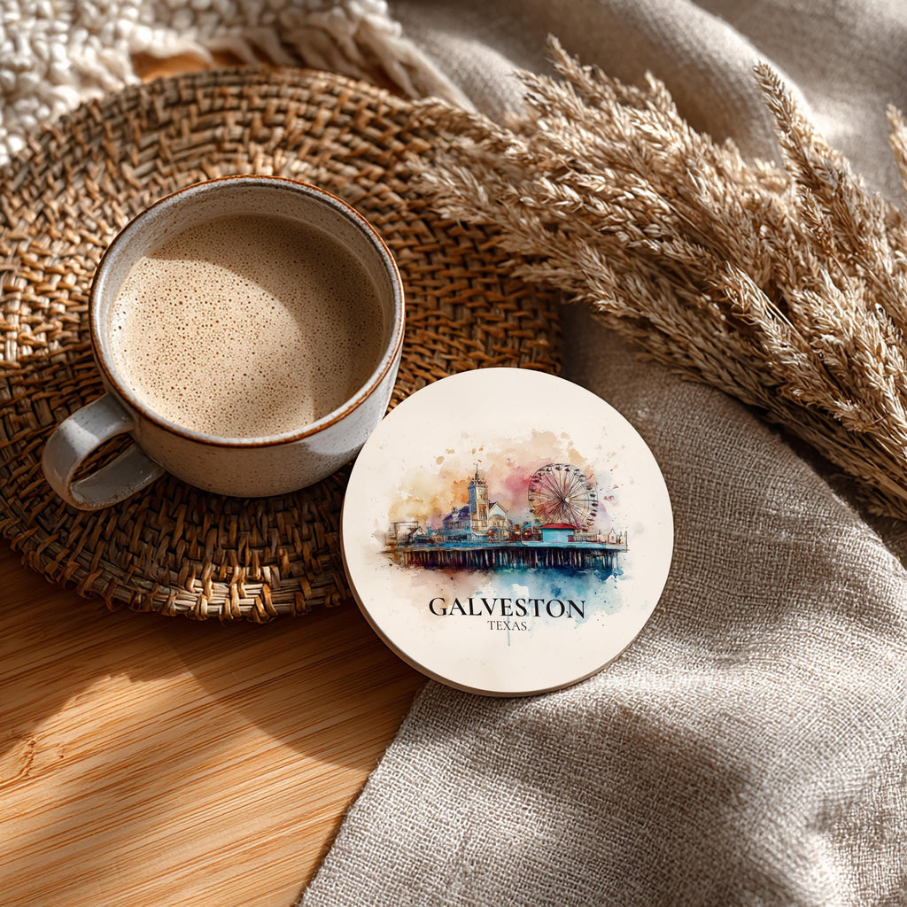 Galveston Texas Coaster, Watercolor Personalized Painting, Travel Gift Souvenir, Home Decor, Ceramic Set