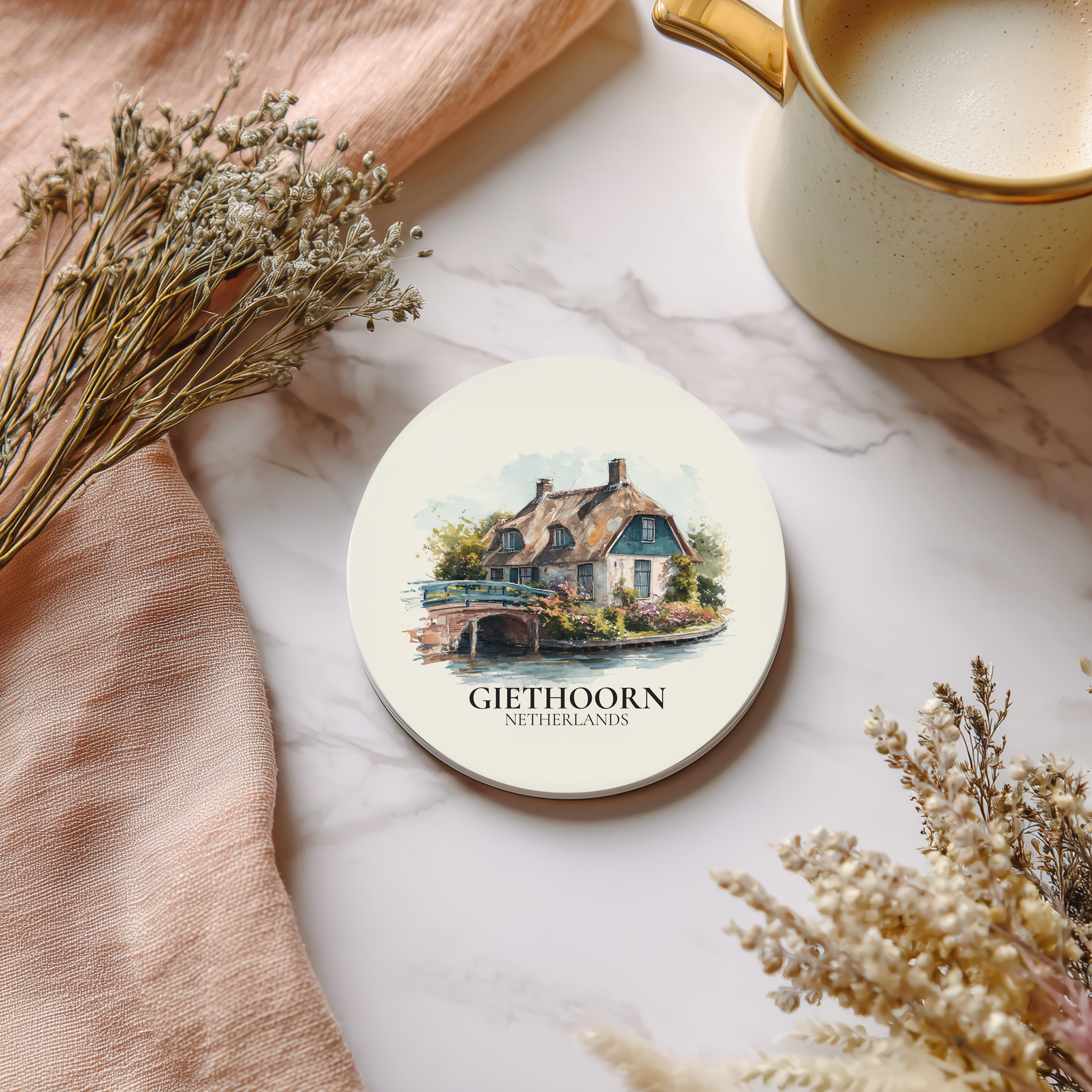 Giethoorn Netherlands Coaster, Watercolor Personalized Painting, Travel Gift Souvenir, Home Decor, Ceramic Set