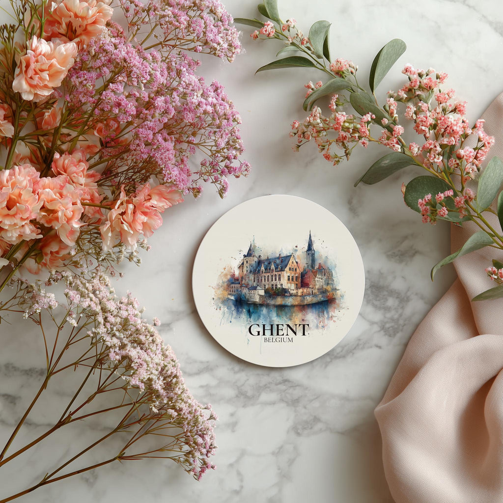 Ghent Belgium Coaster, Watercolor Personalized Painting, Travel Gift Souvenir, Home Decor, Ceramic Set