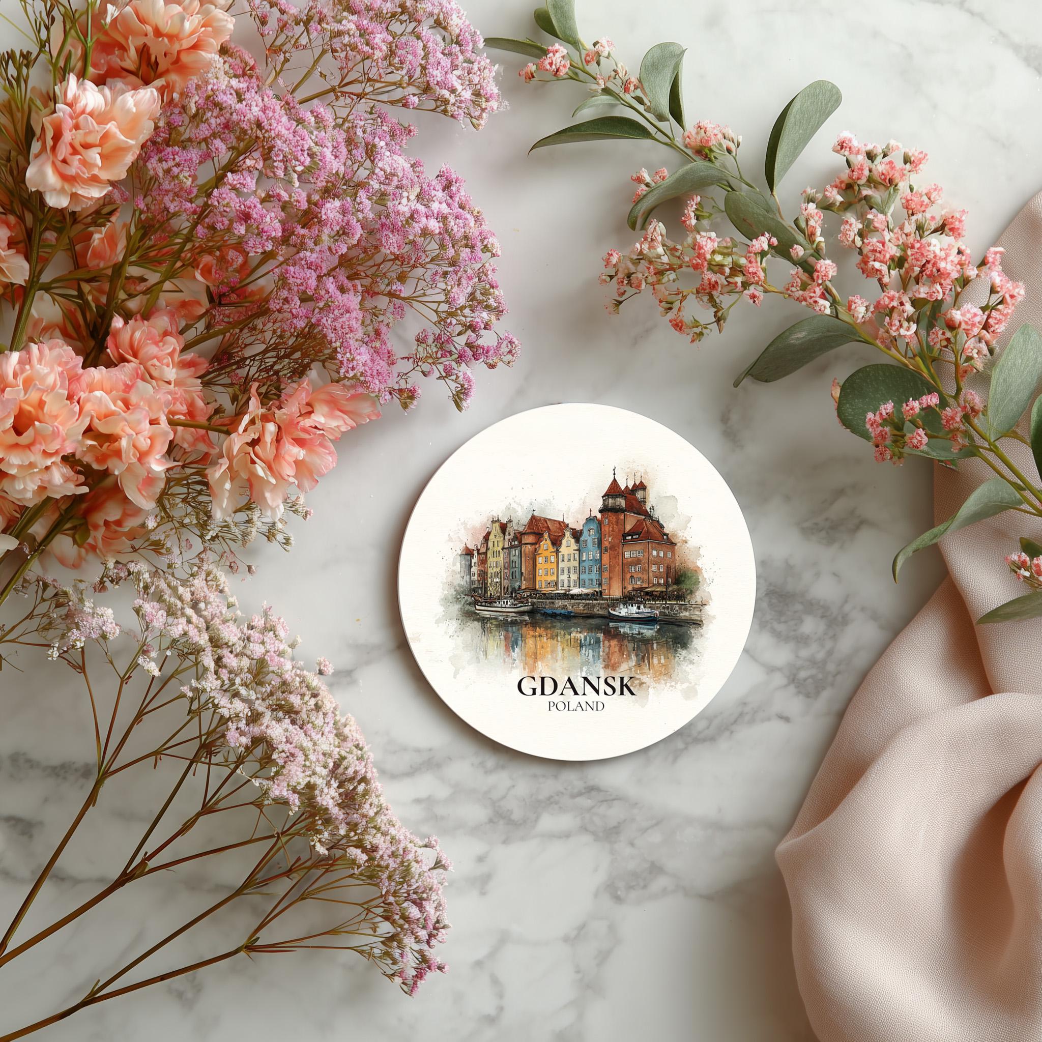 Gdansk Poland2 Coaster, Watercolor Personalized Painting, Travel Gift Souvenir, Home Decor, Ceramic Set