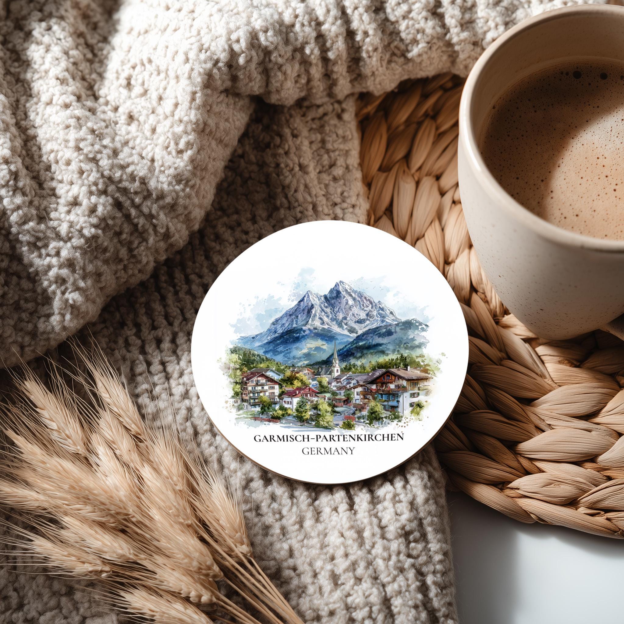 Garmisch Partenkirchen Germany Coaster, Watercolor Personalized Painting, Travel Gift Souvenir, Home Decor, Ceramic Set