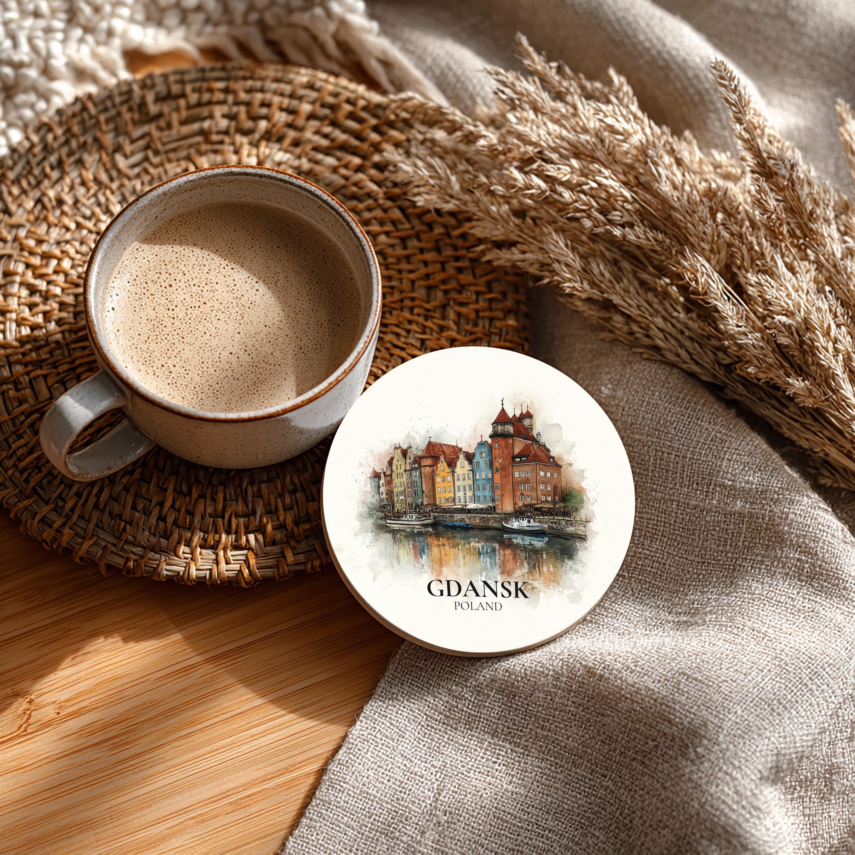 Gdansk Poland2 Coaster, Watercolor Personalized Painting, Travel Gift Souvenir, Home Decor, Ceramic Set