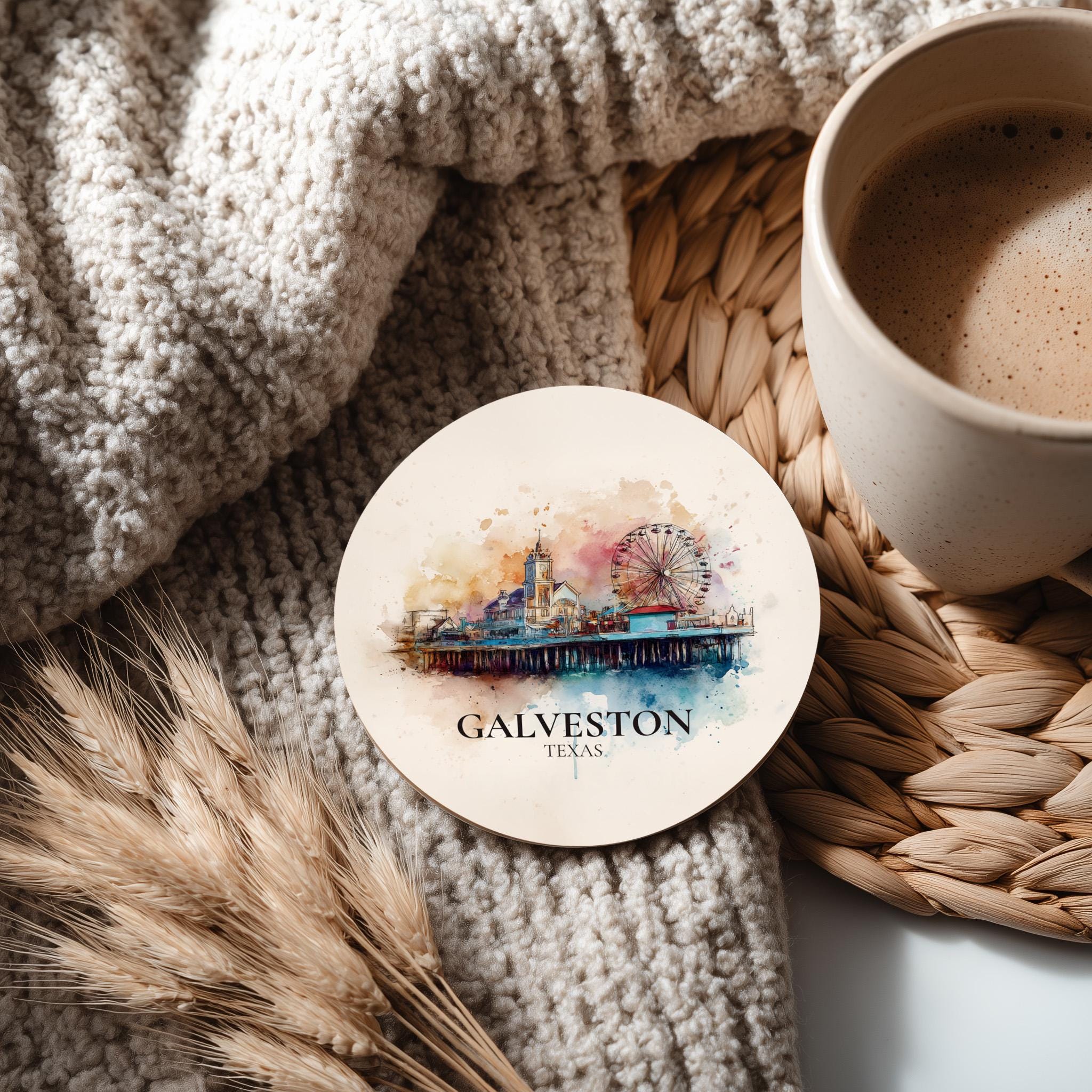 Galveston Texas Coaster, Watercolor Personalized Painting, Travel Gift Souvenir, Home Decor, Ceramic Set