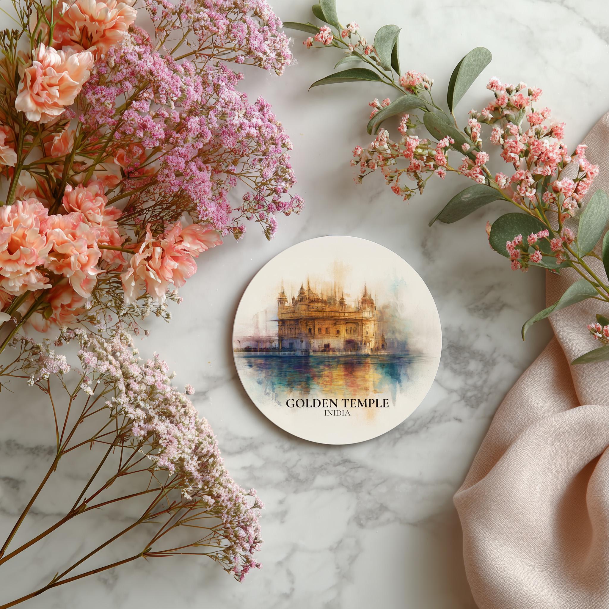 Golden Temple India Coaster, Watercolor Personalized Painting, Travel Gift Souvenir, Home Decor, Ceramic Set