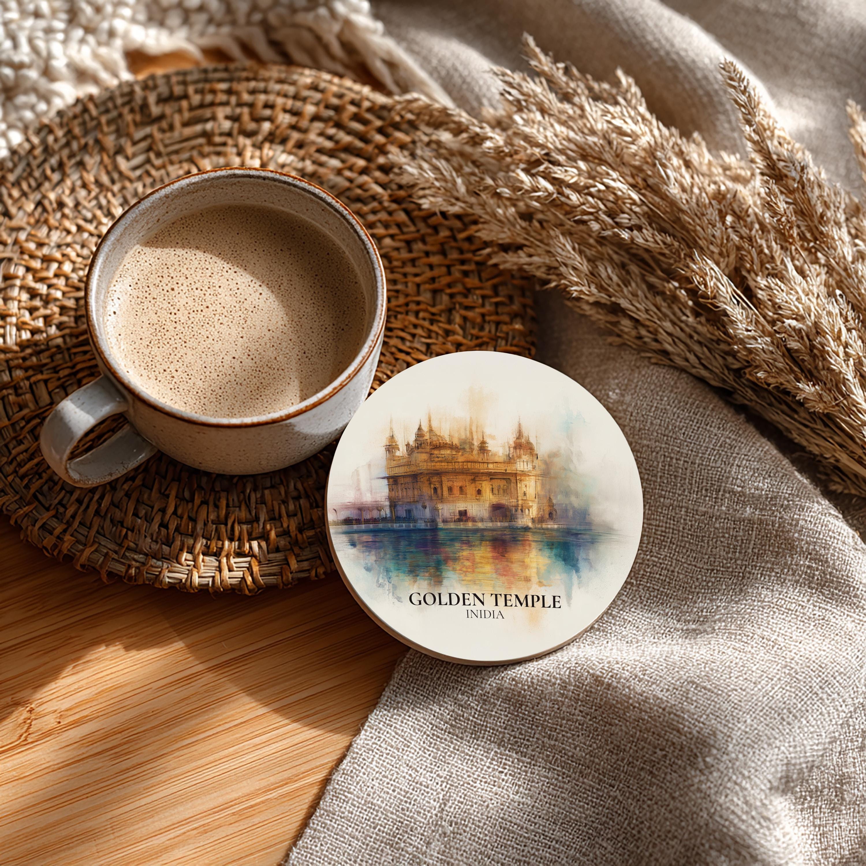 Golden Temple India Coaster, Watercolor Personalized Painting, Travel Gift Souvenir, Home Decor, Ceramic Set