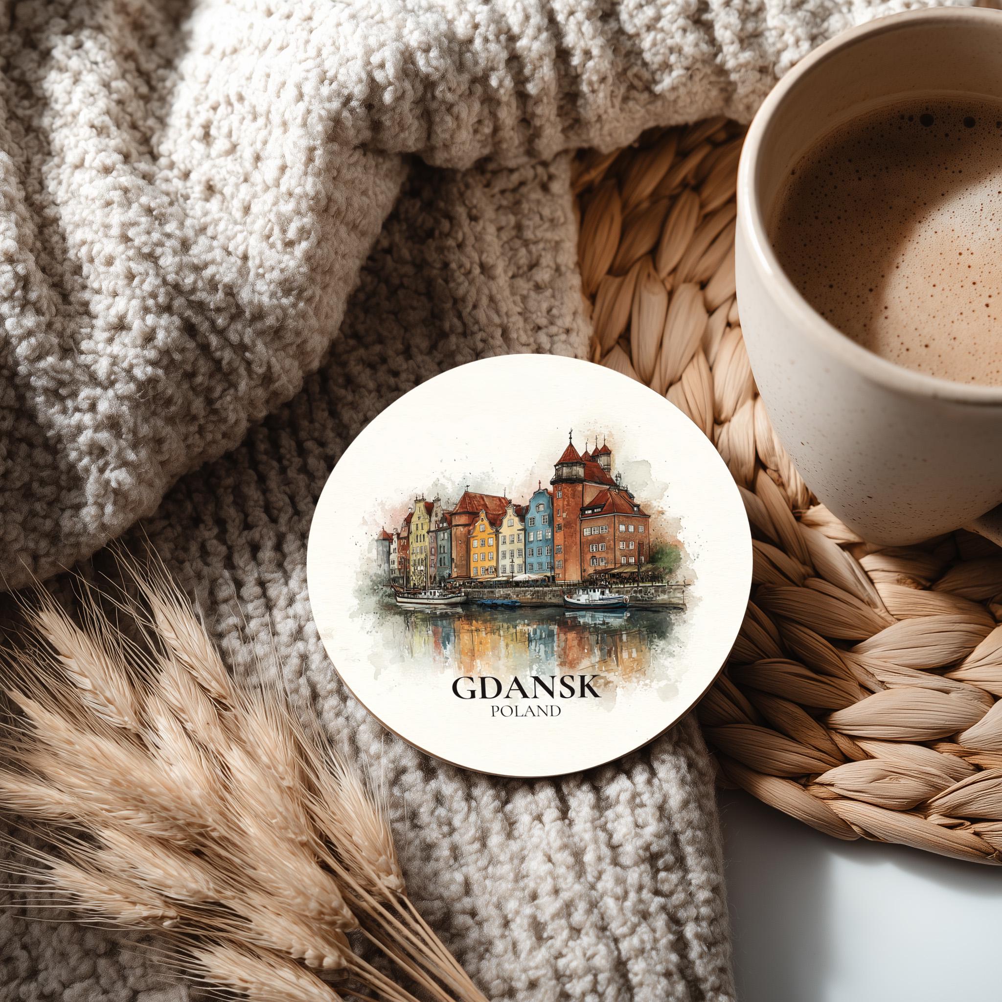 Gdansk Poland2 Coaster, Watercolor Personalized Painting, Travel Gift Souvenir, Home Decor, Ceramic Set