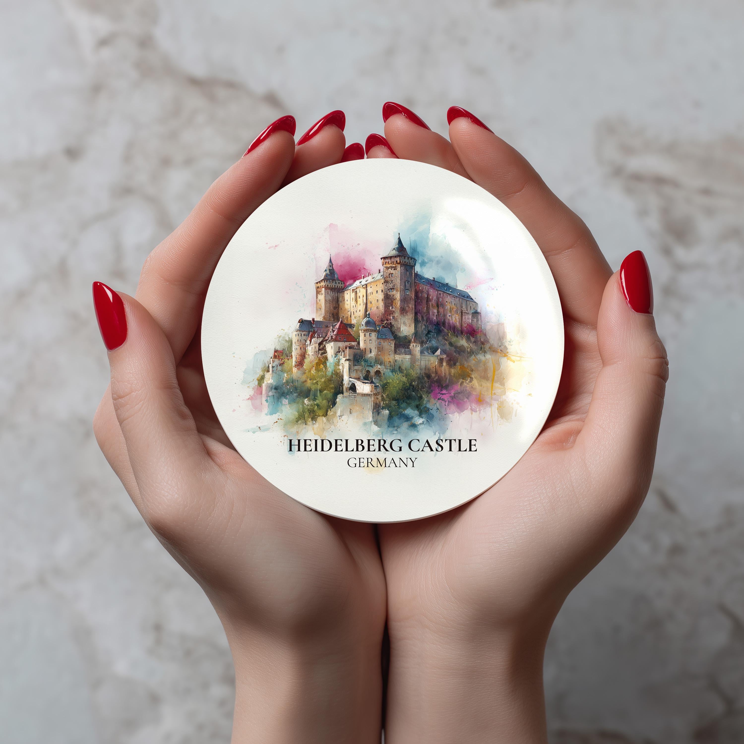 Heidelberg Castle Germany Coaster, Watercolor Personalized Painting, Travel Gift Souvenir, Home Decor, Ceramic Set