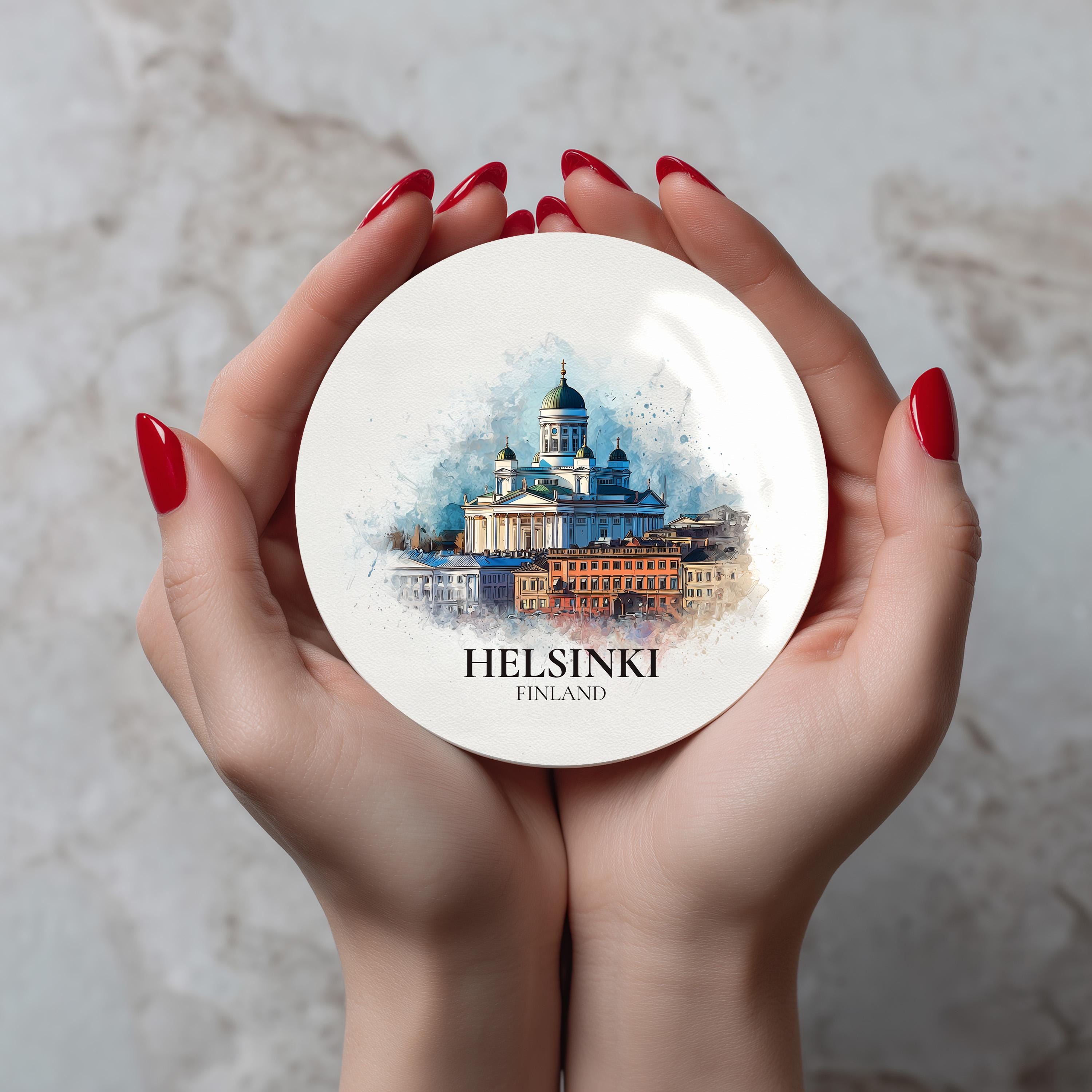 Helsinki Finland Coaster, Watercolor Personalized Painting, Travel Gift Souvenir, Home Decor, Ceramic Set