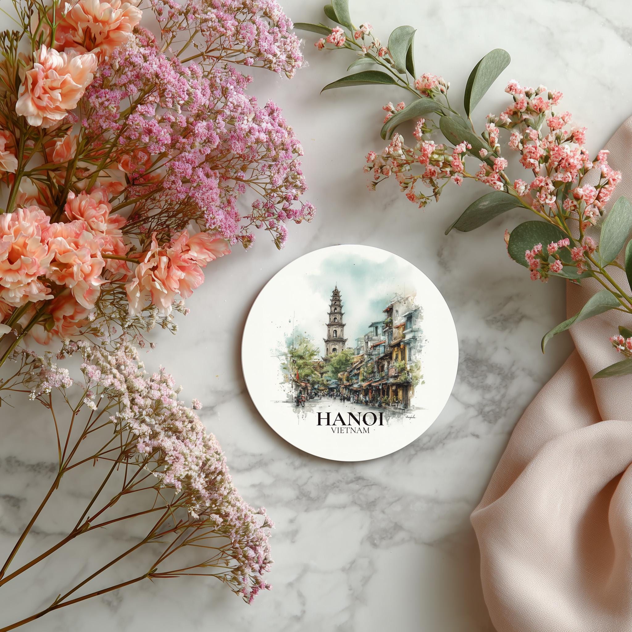 Hanoi Vietnam Coaster, Watercolor Personalized Painting, Travel Gift Souvenir, Home Decor, Ceramic Set