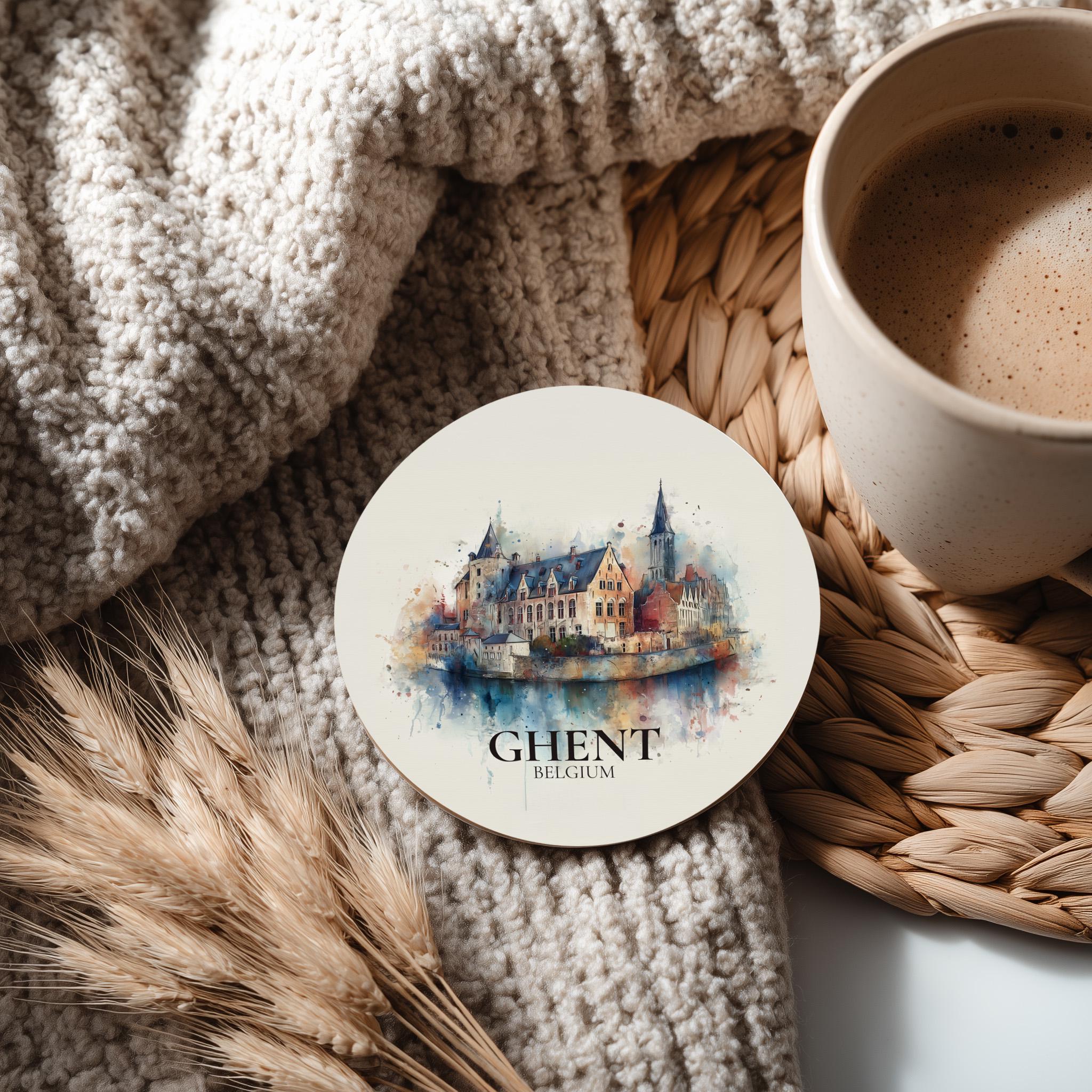 Ghent Belgium Coaster, Watercolor Personalized Painting, Travel Gift Souvenir, Home Decor, Ceramic Set