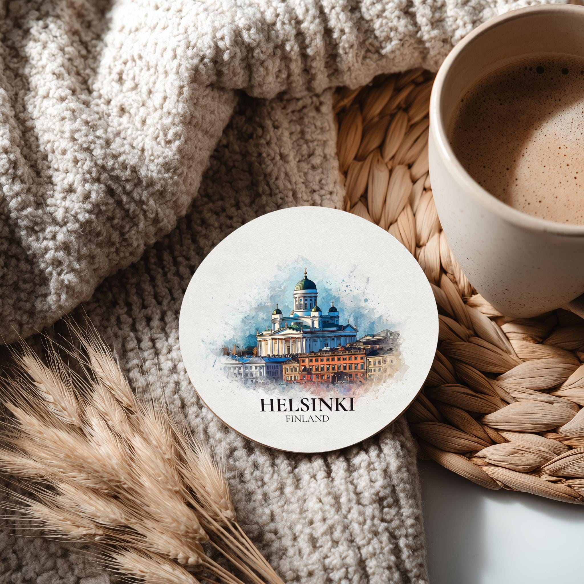 Helsinki Finland Coaster, Watercolor Personalized Painting, Travel Gift Souvenir, Home Decor, Ceramic Set