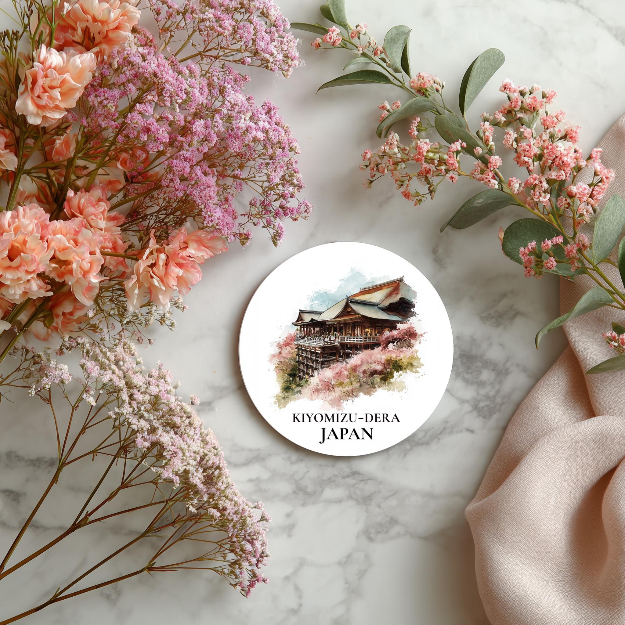 Kiyomizu-dera Japan Coaster, Watercolor Personalized Painting, Travel Gift Souvenir, Home Decor, Ceramic Set