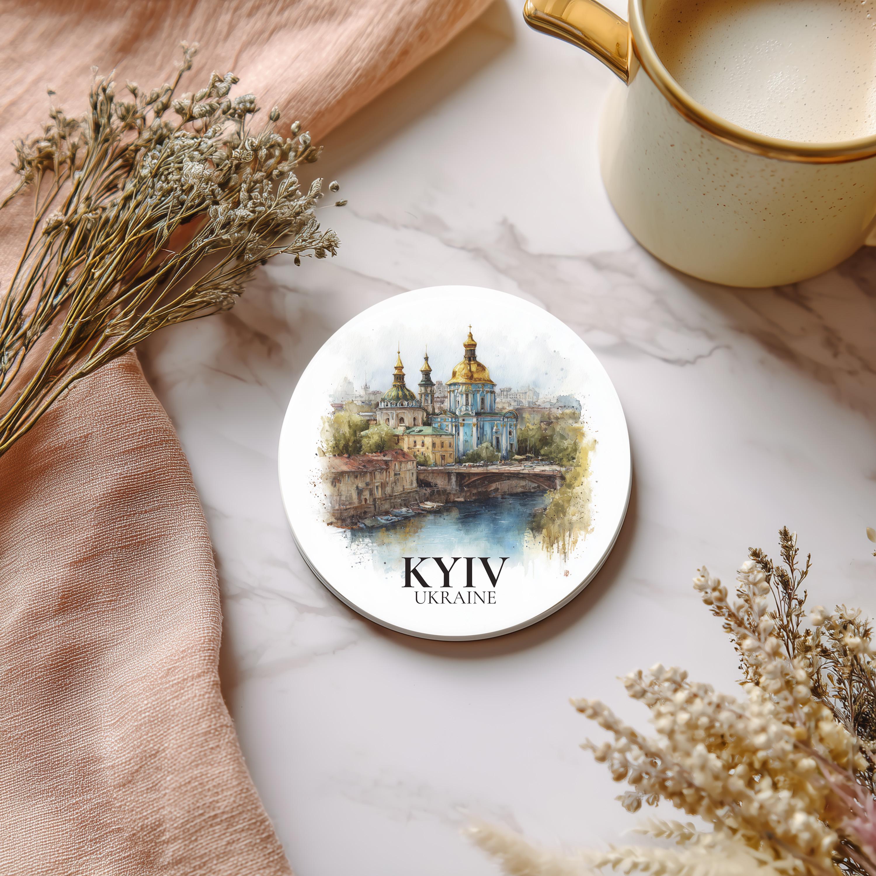 Kiyv Ukraine Coaster, Watercolor Personalized Painting, Travel Gift Souvenir, Home Decor, Ceramic Set