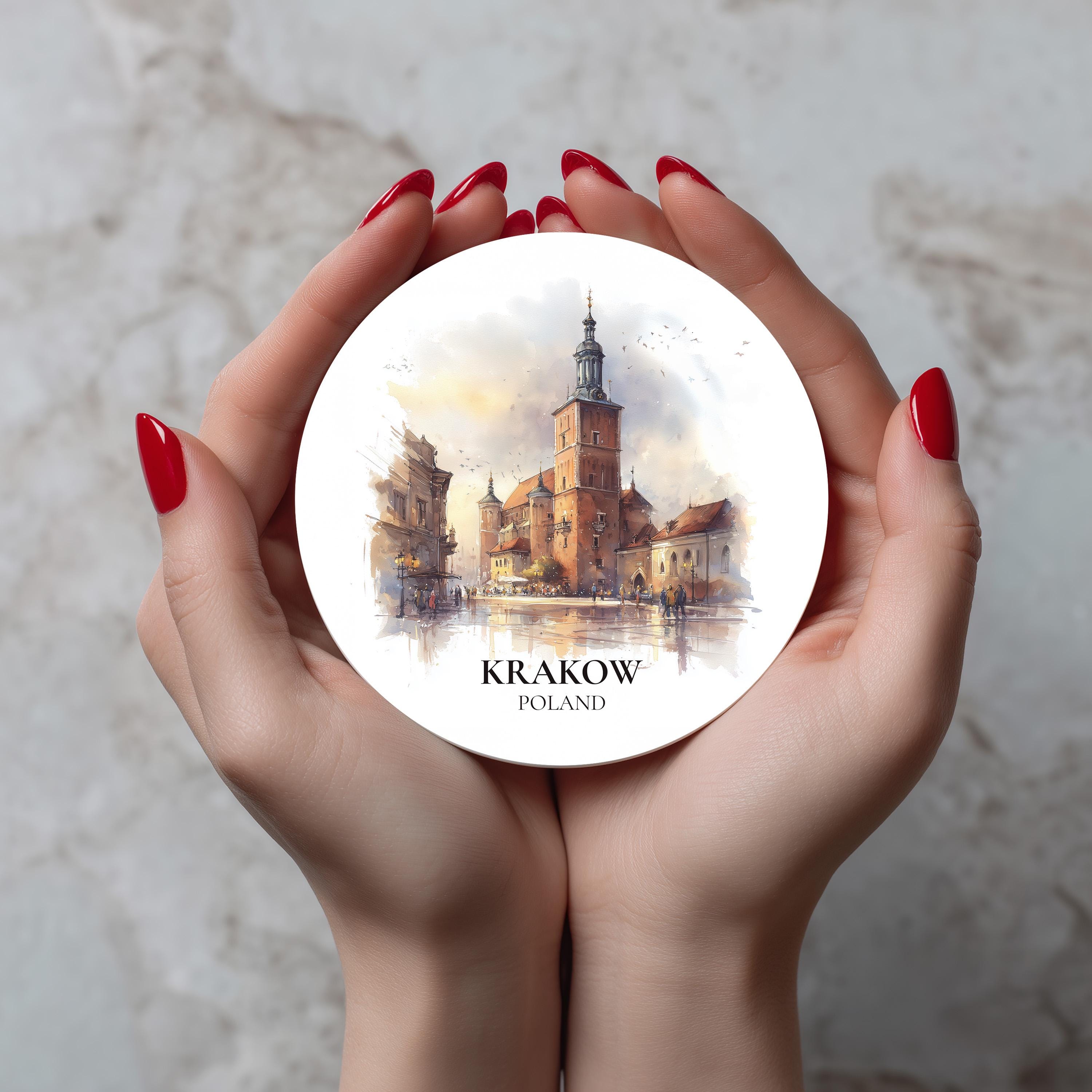 Krakow Poland Coaster, Watercolor Personalized Painting, Travel Gift Souvenir, Home Decor, Ceramic Set