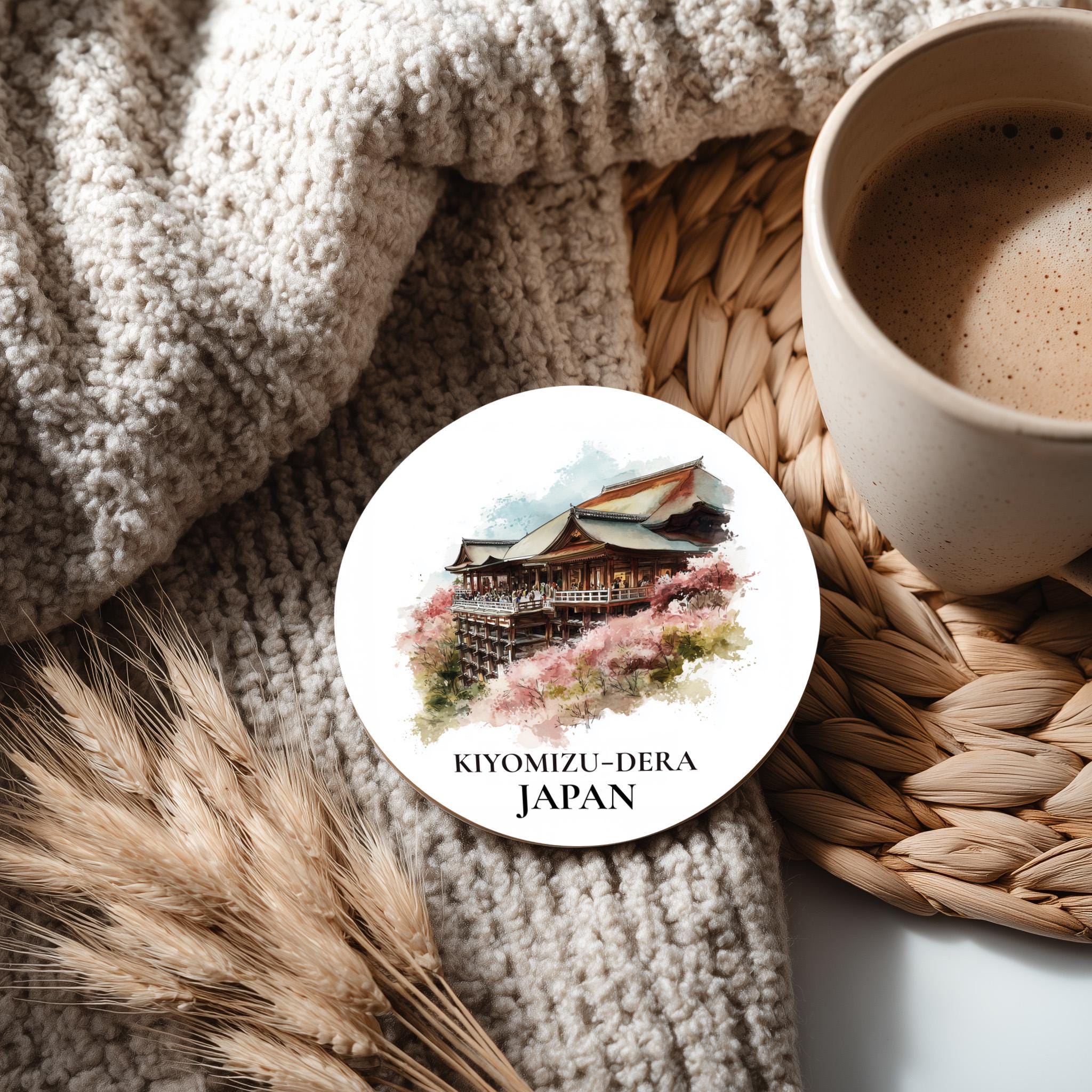 Kiyomizu-dera Japan Coaster, Watercolor Personalized Painting, Travel Gift Souvenir, Home Decor, Ceramic Set