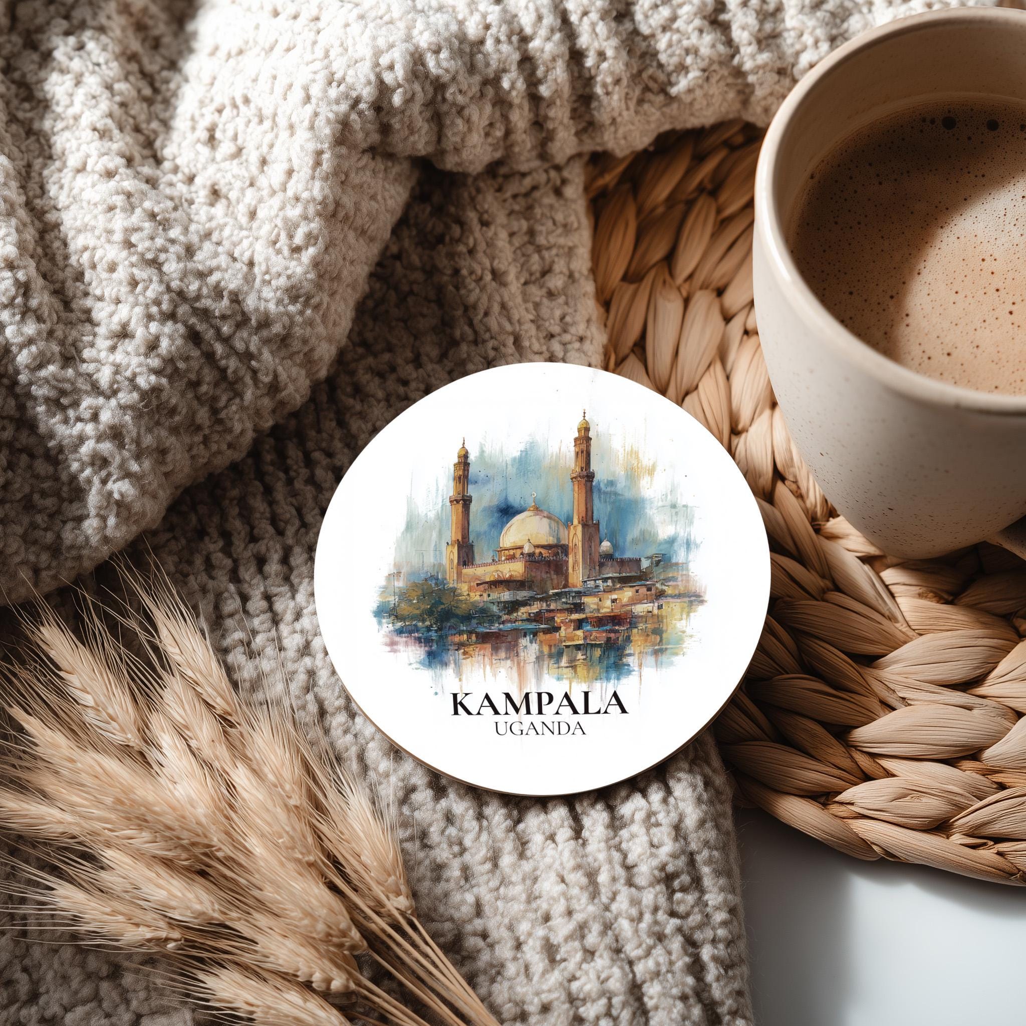 Kampala Uganda Coaster, Watercolor Personalized Painting, Travel Gift Souvenir, Home Decor, Ceramic Set