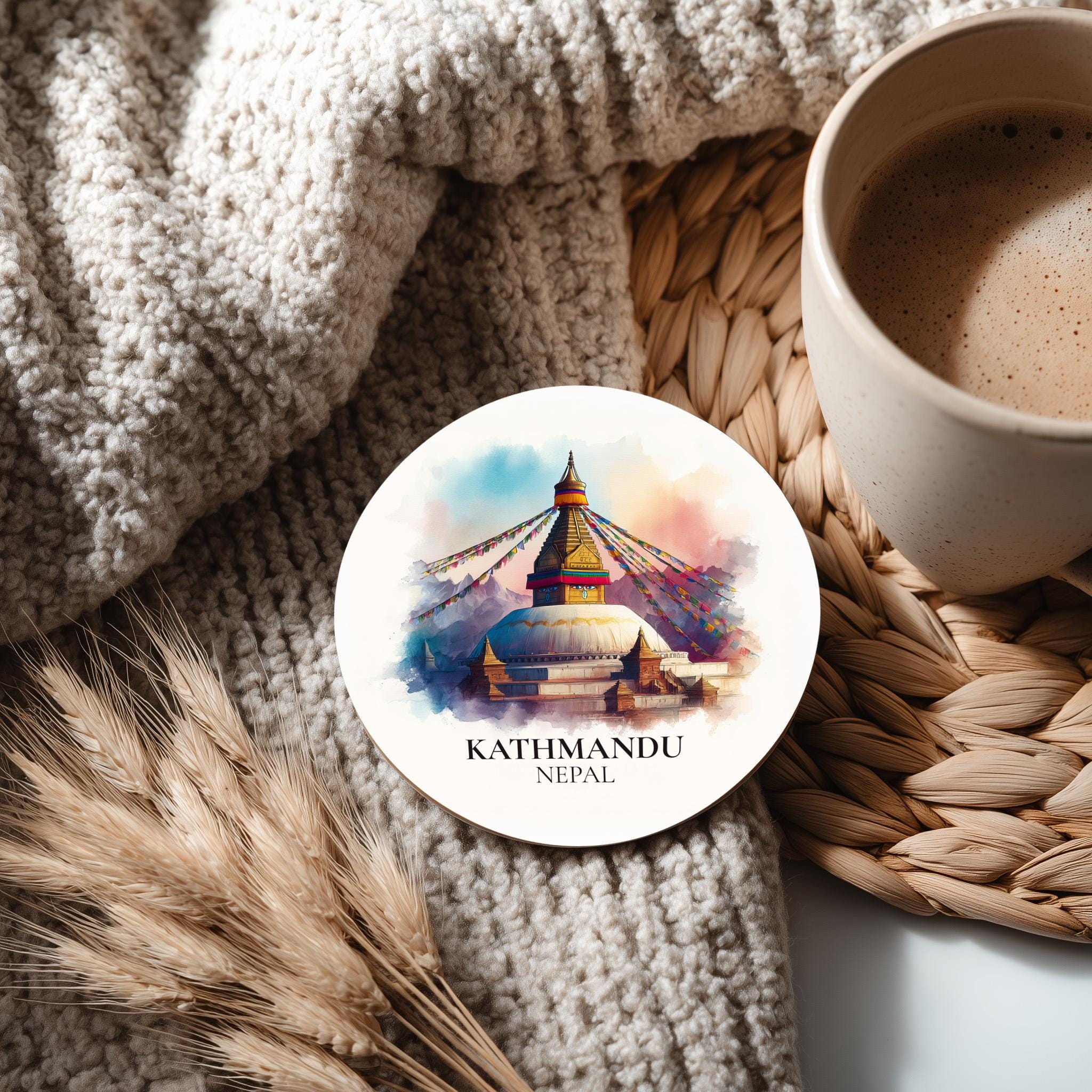 Kathmandu Nepal Coaster, Watercolor Personalized Painting, Travel Gift Souvenir, Home Decor, Ceramic Set