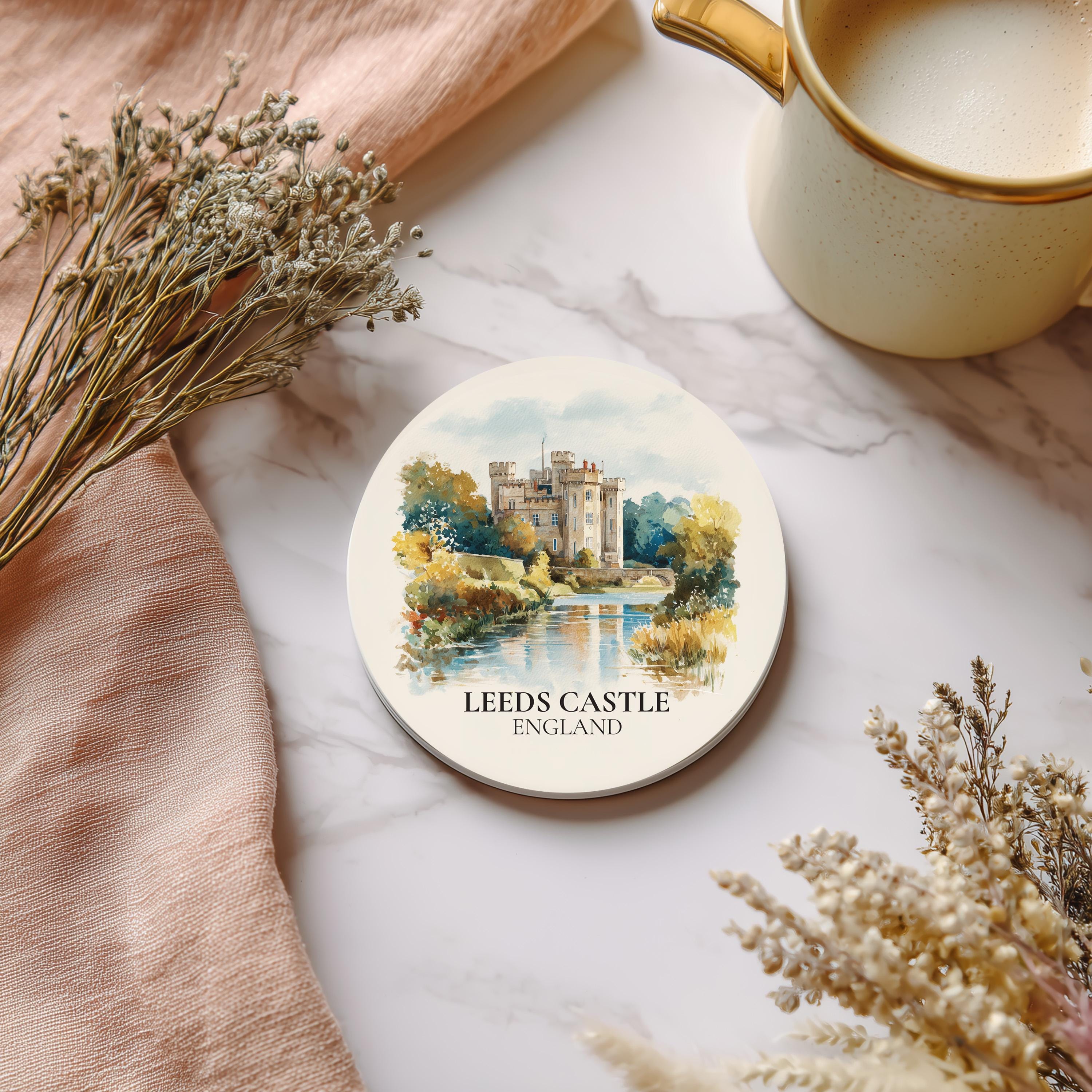 Leeds Castle England Coaster, Watercolor Personalized Painting, Travel Gift Souvenir, Home Decor, Ceramic Set
