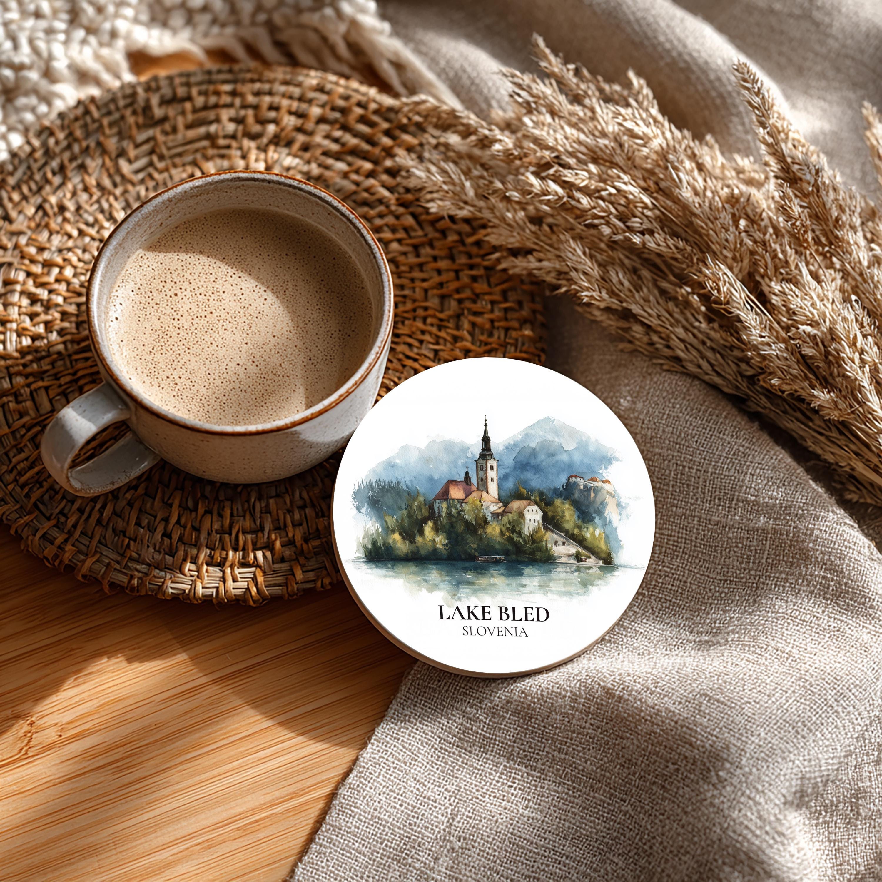 Lake Bled Slovenia Coaster, Watercolor Personalized Painting, Travel Gift Souvenir, Home Decor, Ceramic Set