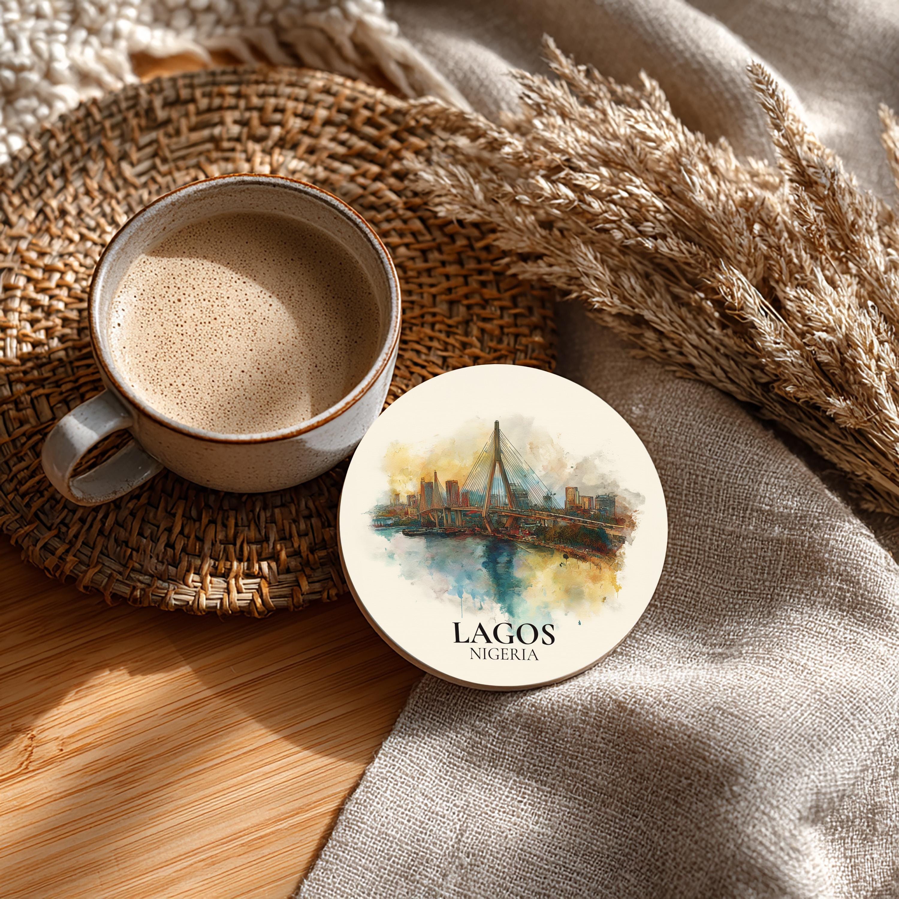 Lagos Nigeria Coaster, Watercolor Personalized Painting, Travel Gift Souvenir, Home Decor, Ceramic Set