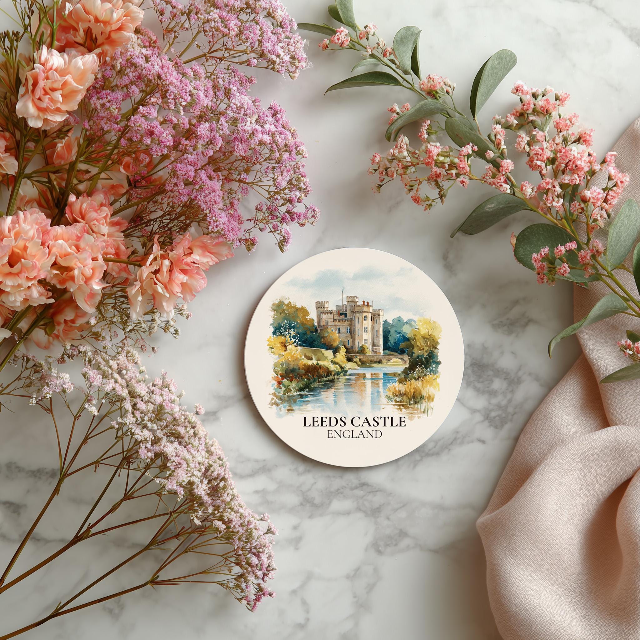 Leeds Castle England Coaster, Watercolor Personalized Painting, Travel Gift Souvenir, Home Decor, Ceramic Set